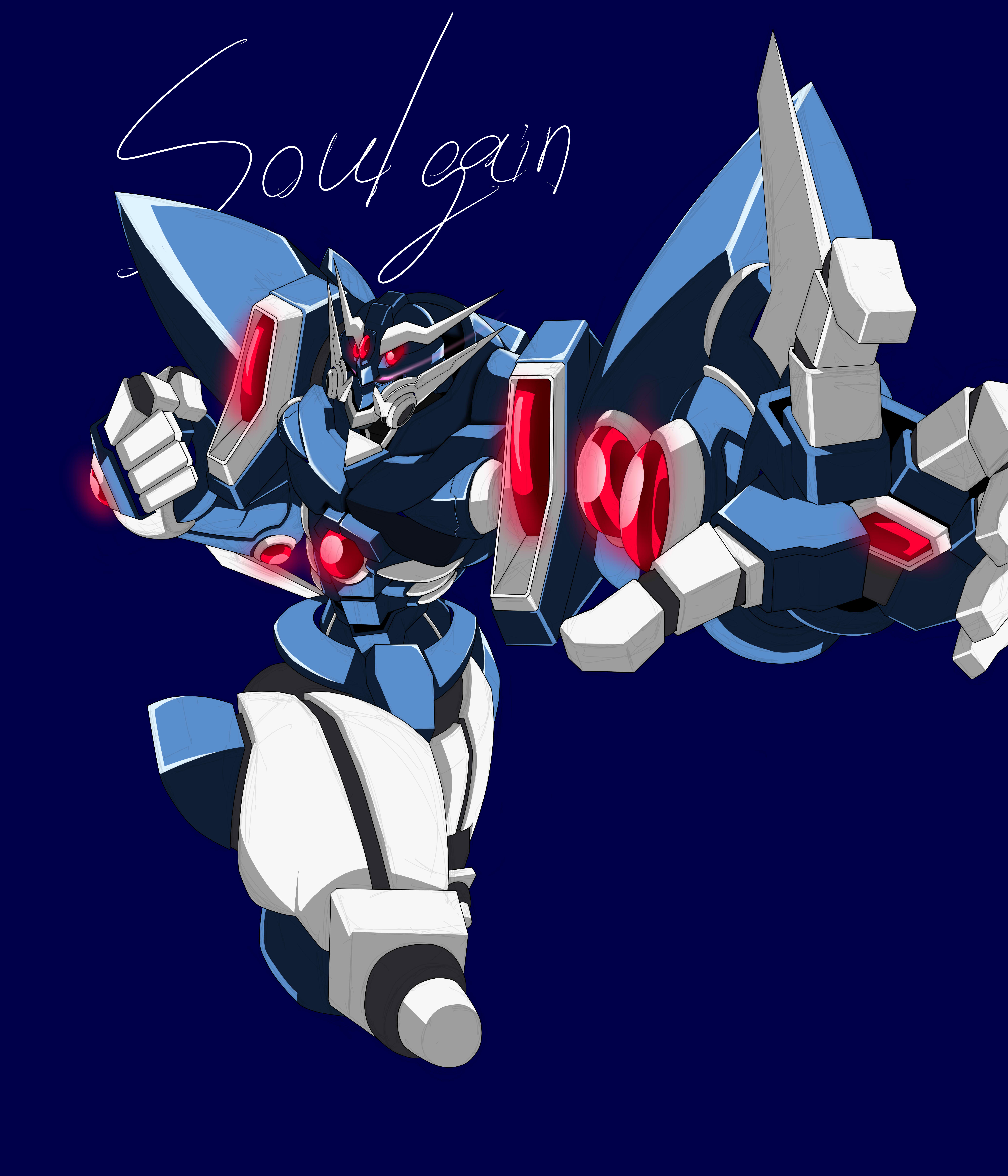 Anime Mechs Super Robot Taisen Soulgain Artwork Digital Art Fan Art Blue Background Simple Backgroun 6000x7000