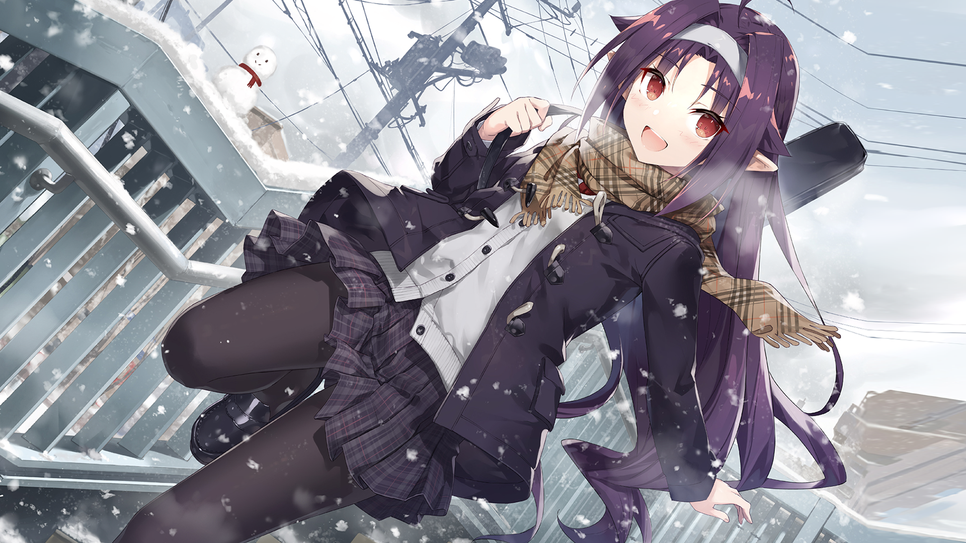 Anime Girls Winter Coat Winter Snow Smile Headband Scarf Sword Art Online Pointy Ears 1920x1080