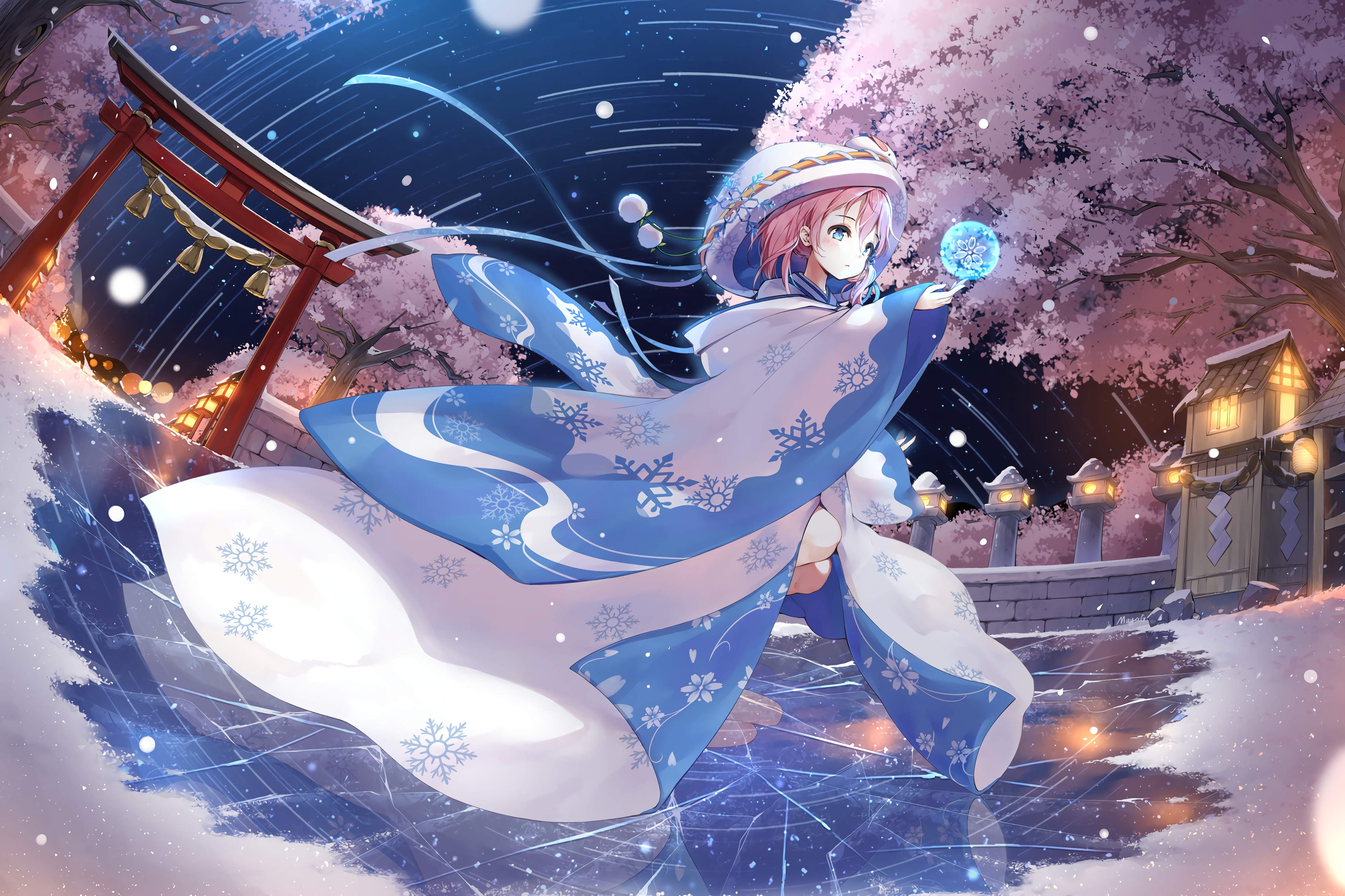 Anime Anime Girls Pink Hair Blue Eyes Stars Cherry Trees 4000x2666