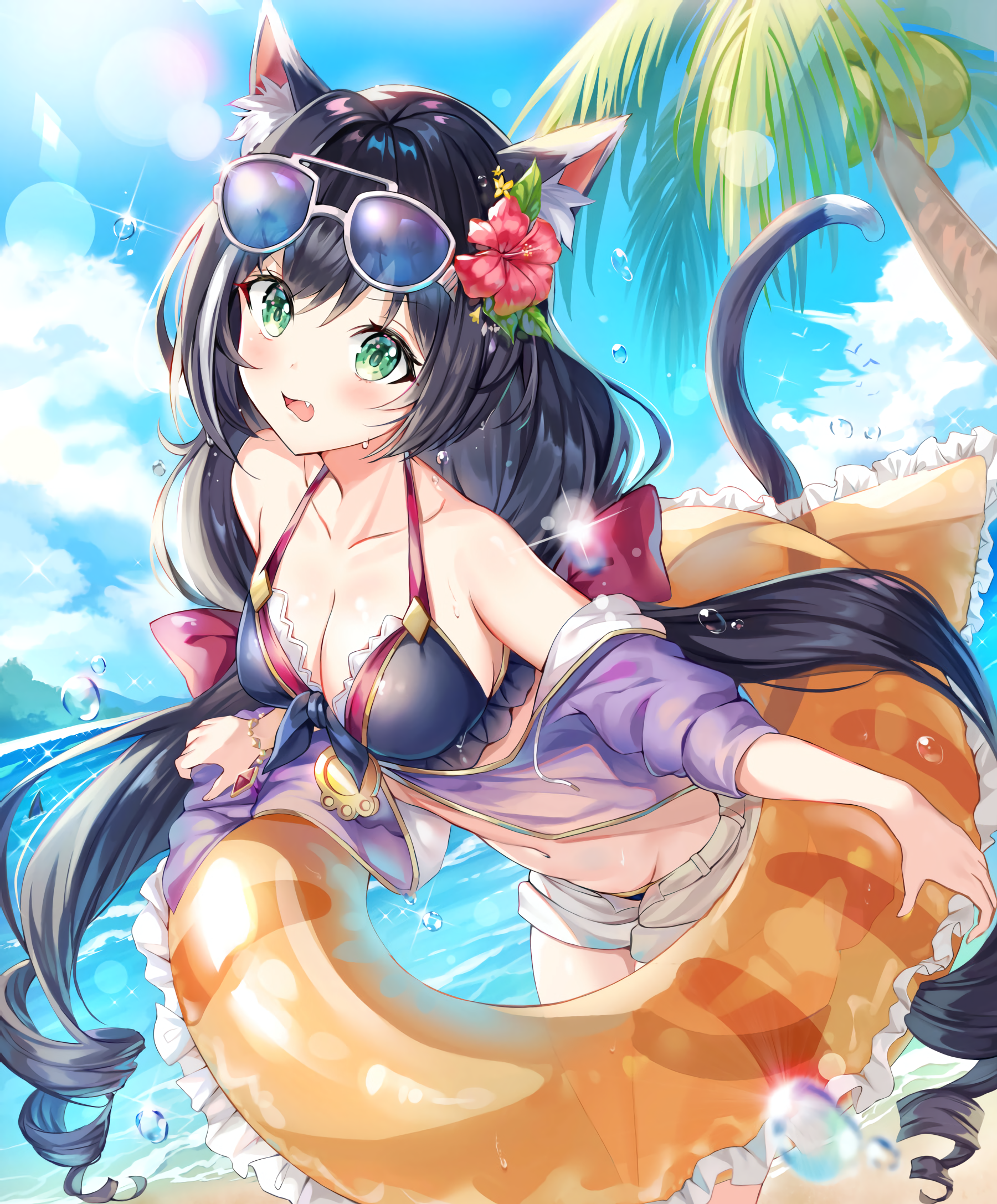 Looking At Viewer Long Hair Green Eyes Cat Girl Anime Girls Floater Cat Ears Cat Tail Water Beach 1800x2174