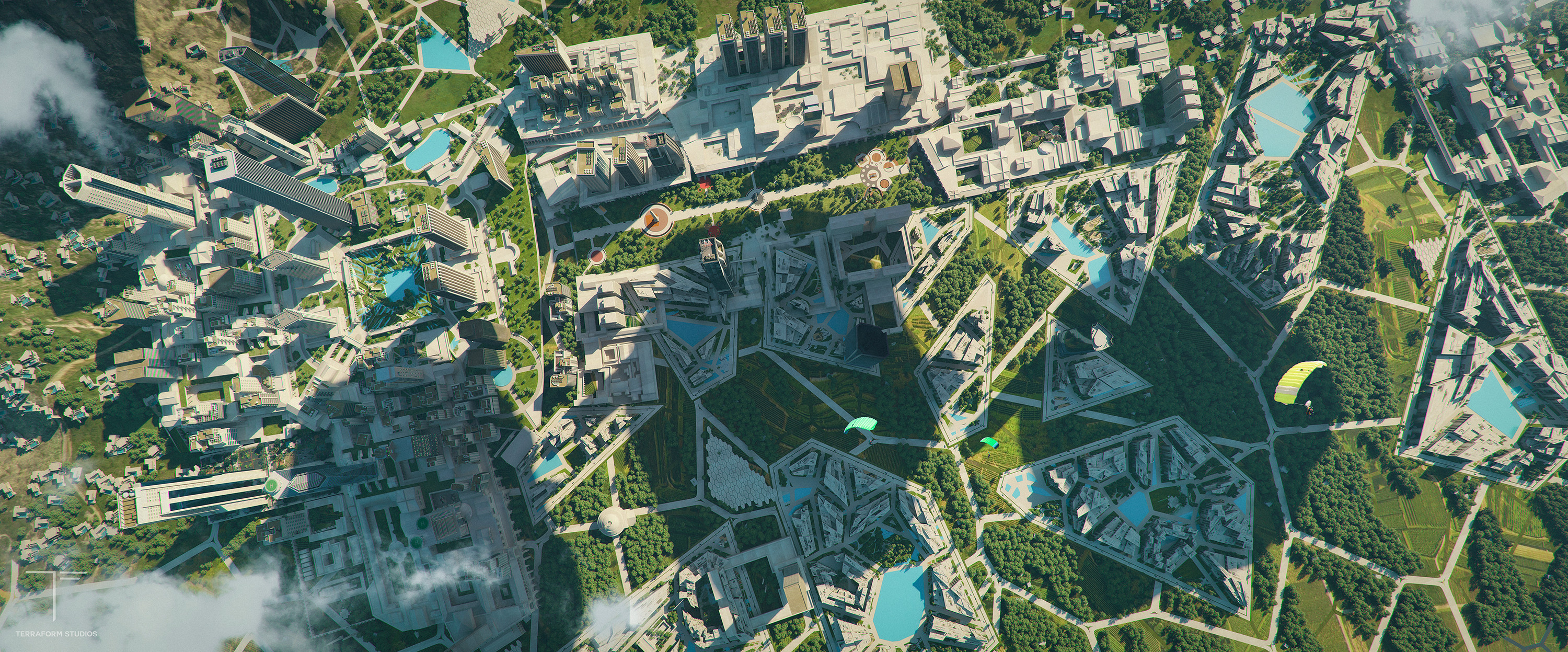 Cityscape Aerial View Digital Art Artwork 3000x1247