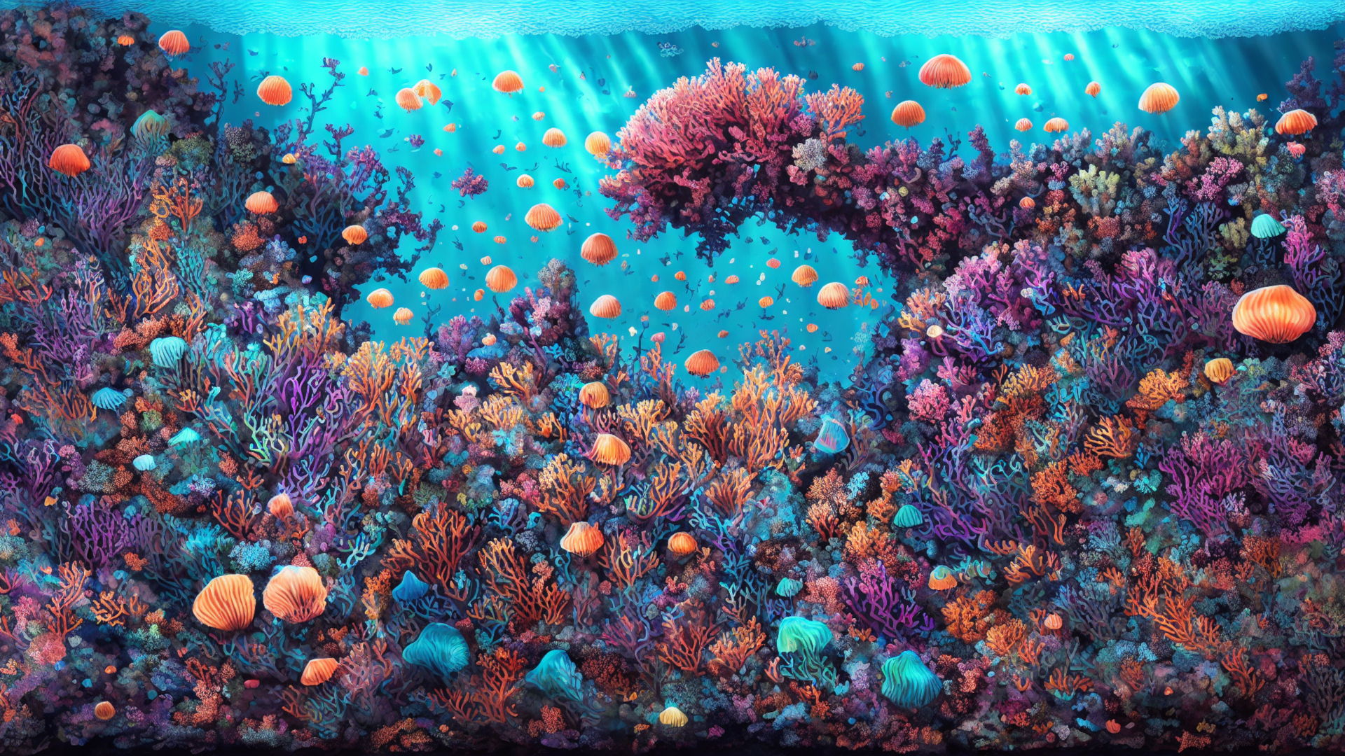Underwater Digital Art Fish Jellyfish Algae Coral Coral Reef In Water Nature 1920x1080