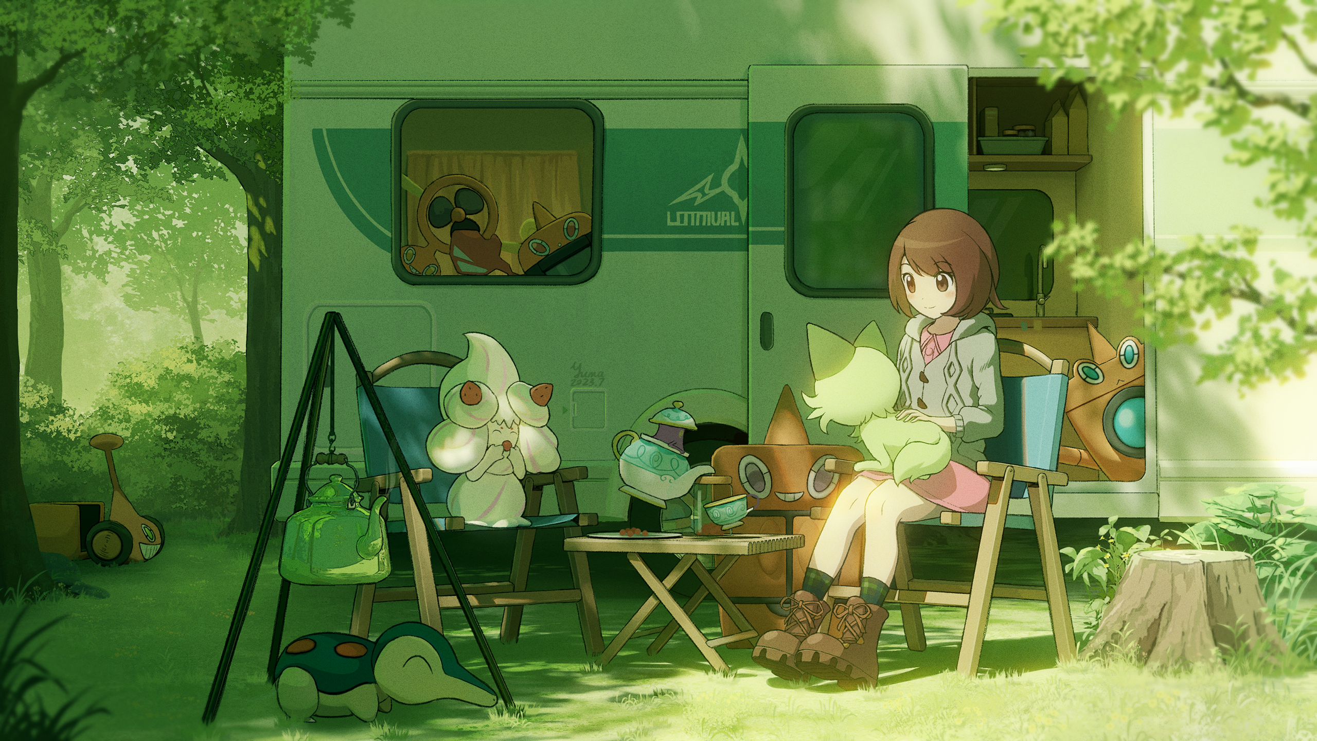 Anime Anime Girls Artwork Sitting Car Dress Nature Pokemon Sunlight Smiling Brunette Short Hair Brow 2560x1440