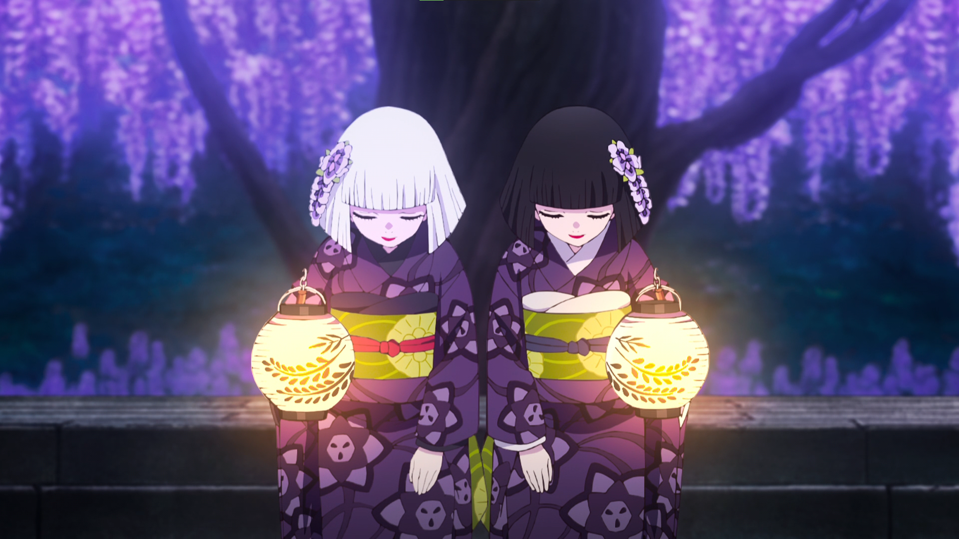 Kimetsu No Yaiba Trees Flowers Wisteria Twins Anime Anime Screenshot Kimono Purple Anime Girls Close 1920x1080
