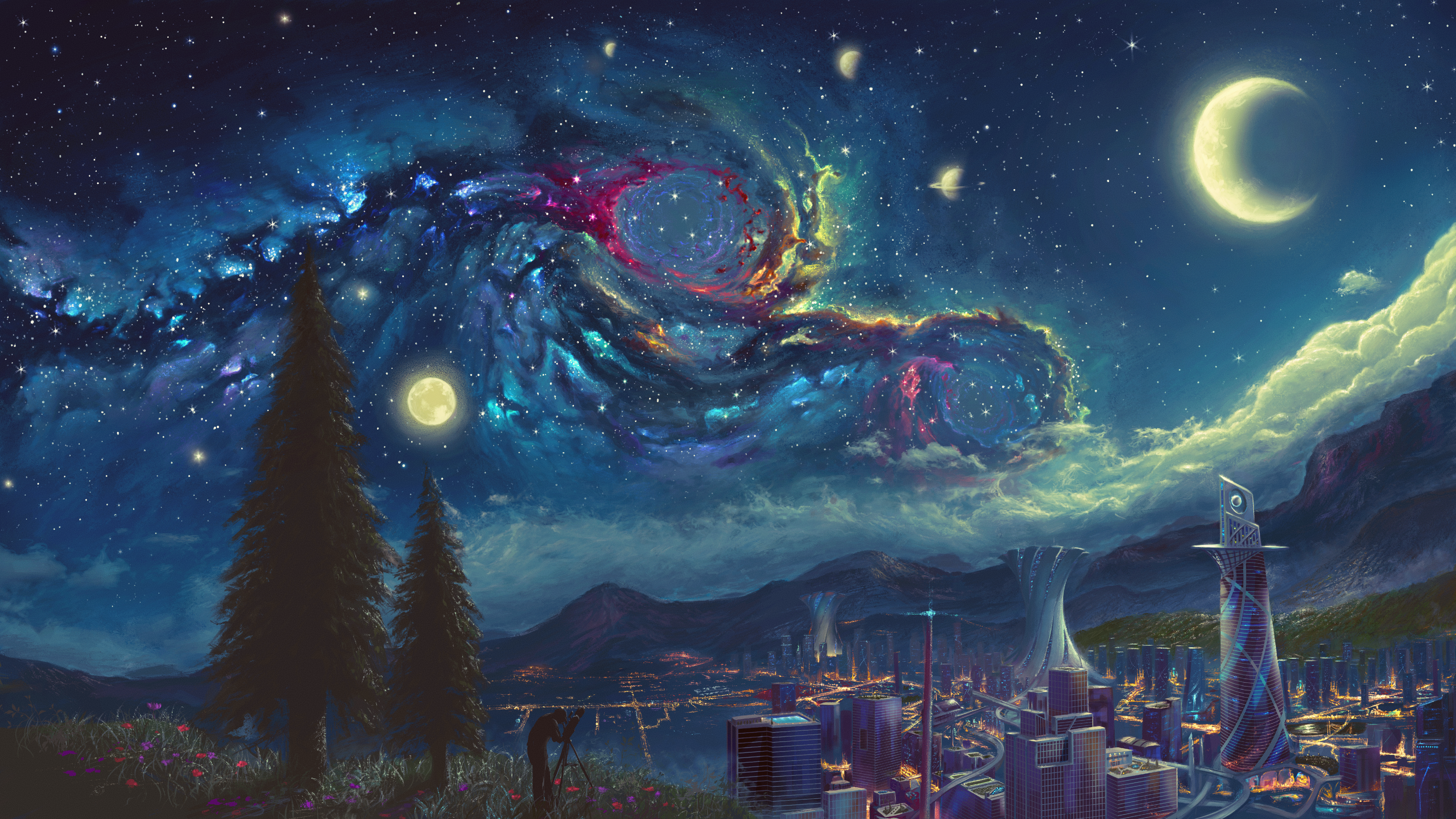 Starry Night City Moon Castle Sky Game Anime Sky 3840x2160