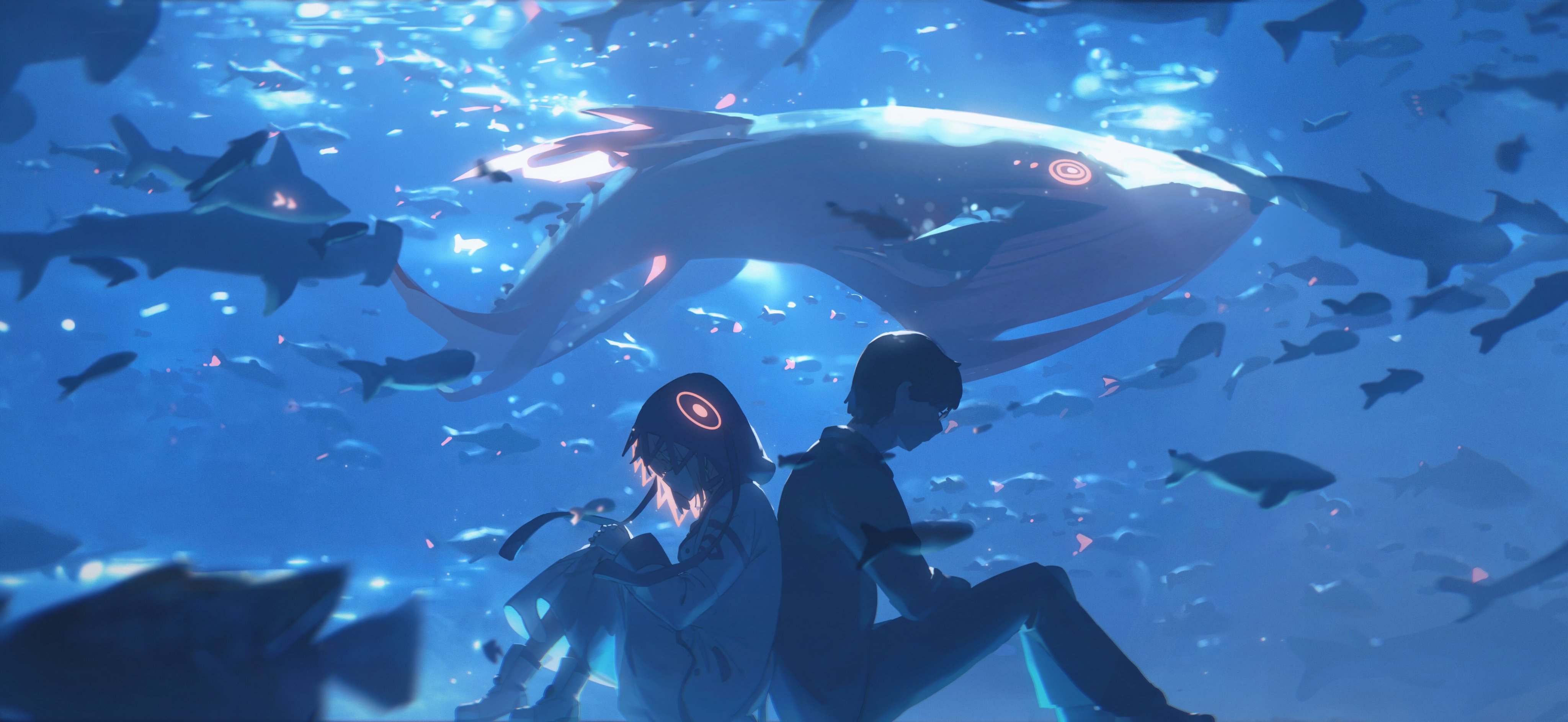 Underwater Whale Anime Boys Anime Girls Water Animals Back To Back 4096x1887