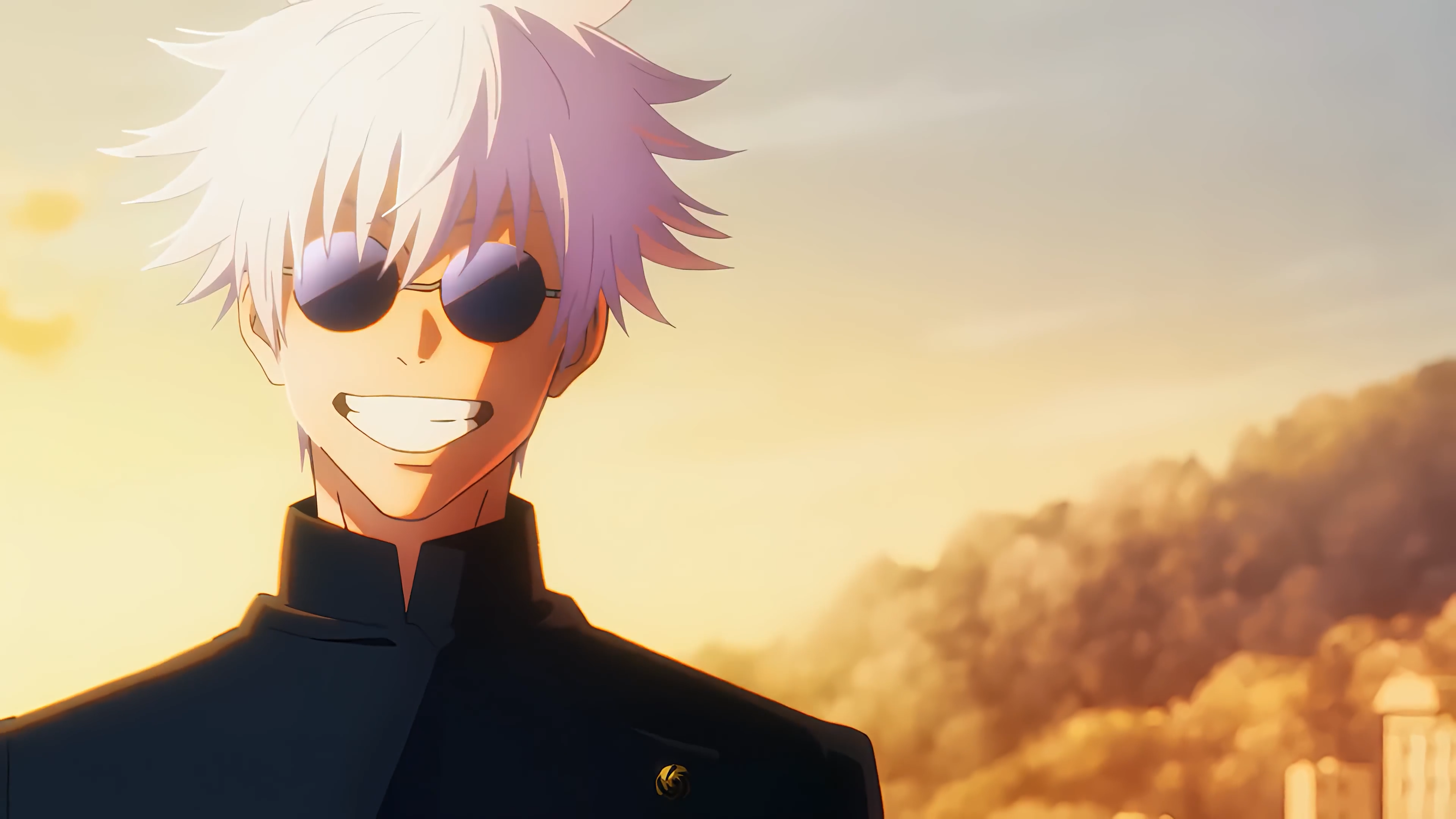 Jujutsu Kaisen Satoru Gojo Anime Anime Screenshot Anime Boys Sunglasses Sunset Sunset Glow Smiling S 3840x2160