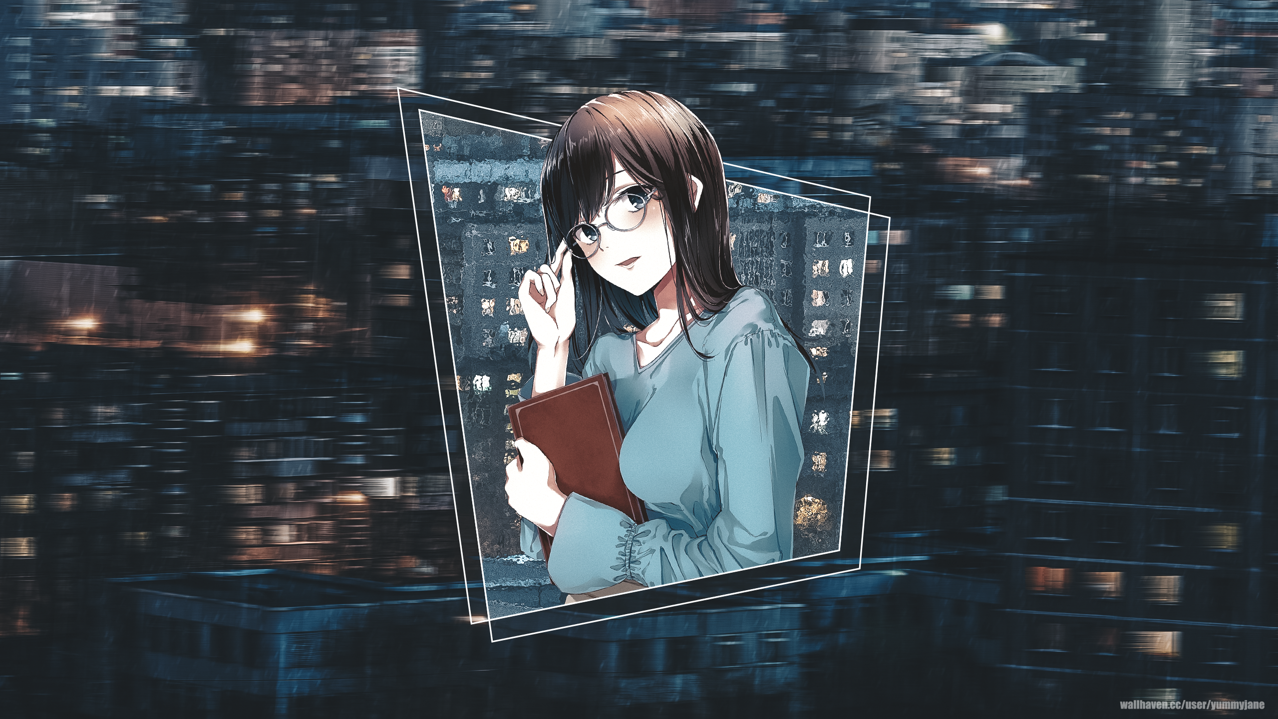 Anime Anime Girls Glasses Rain City Picture In Picture Books Wallpaper -  Resolution:2560x1440 - ID:1350568 