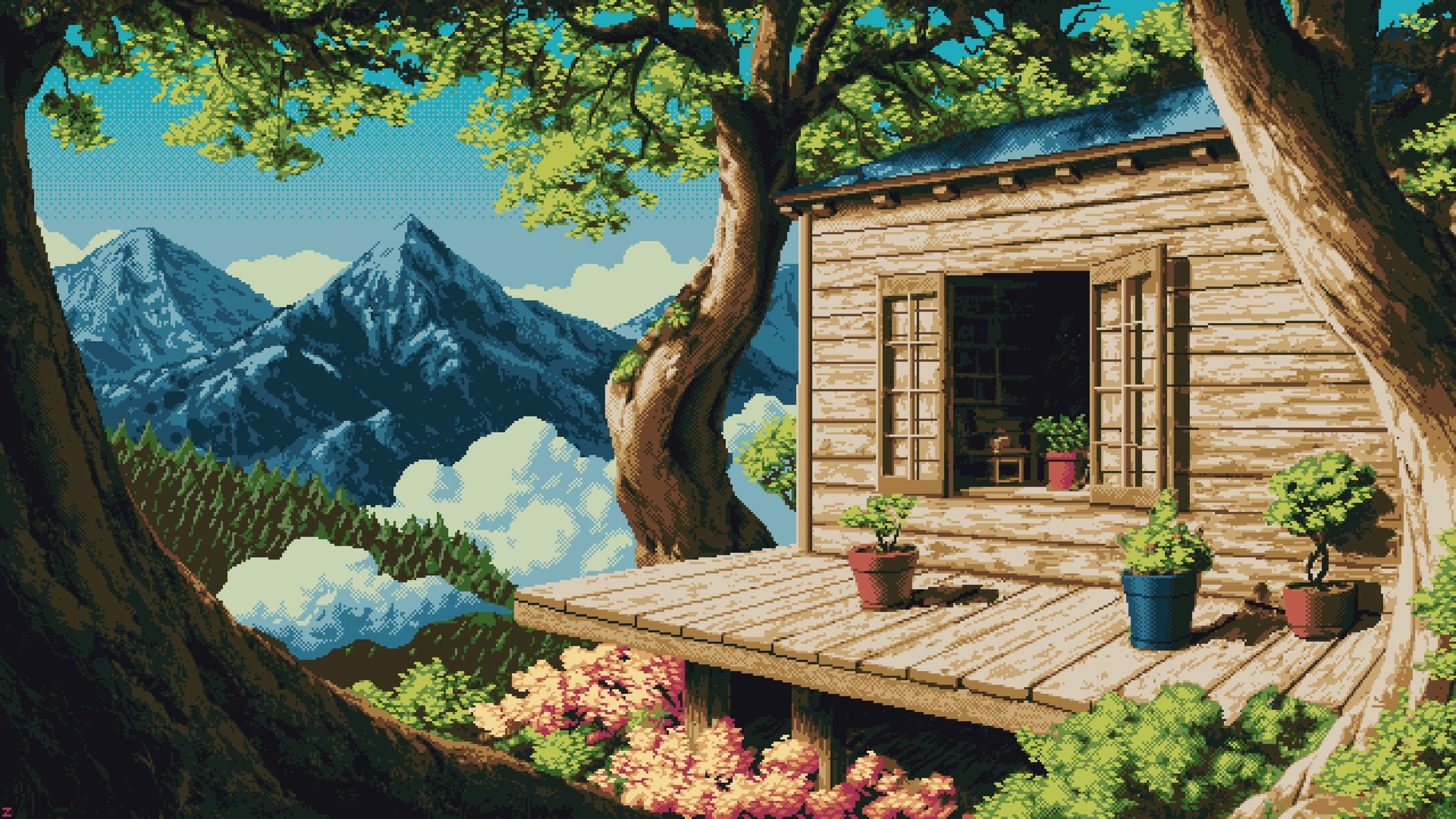 Pixel Art Digital Art Mountains Window Plants Sky Clouds Nature Trees Wood House 2560x1440