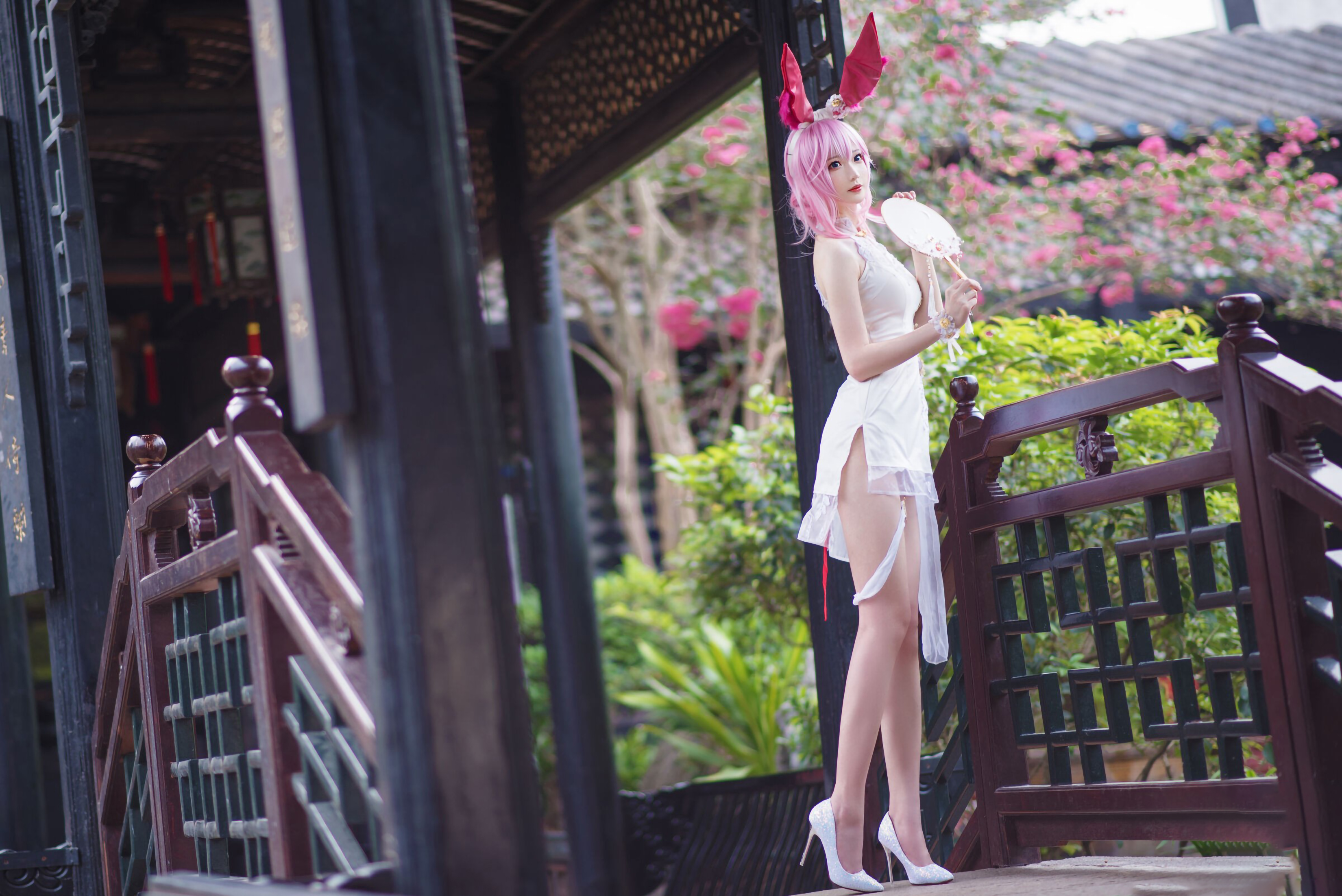 Cosplay Asian Stilettoes White High Heels Pink Hair Heels Women Chinese Dress Looking At Viewer Fans 3300x2203