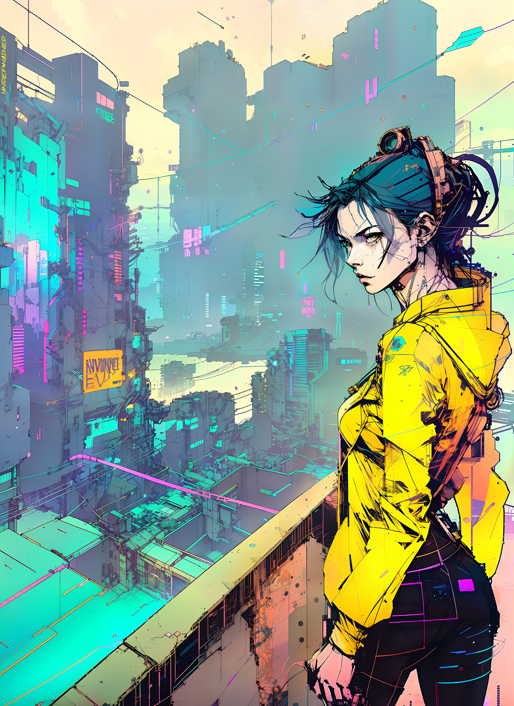 Inkpunk Cyberpunk Yellow Jacket Artwork Ai Art Fantasy Girl Fantasy Art City 2048x2816