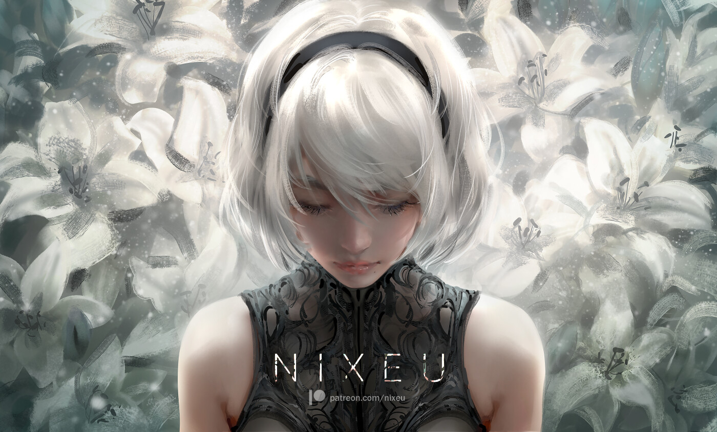 Nier 2B Nier Automata Nixeu White Hair Flowers Closed Eyes Video Game Characters 1400x844