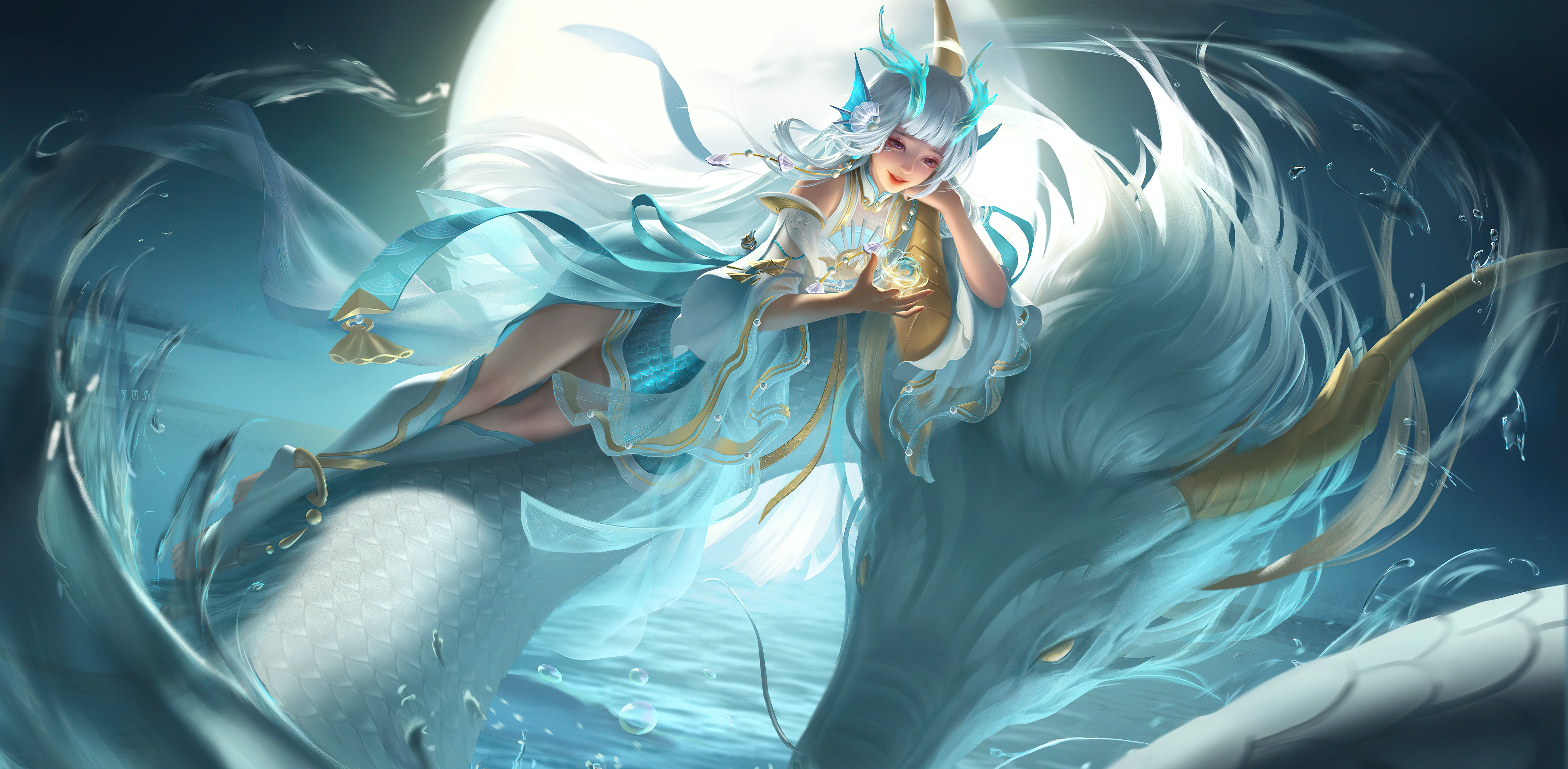 Honor Of Kings Game Characters Video Games Video Game Characters Video Game Art White Hair Water Dra 5872x2880