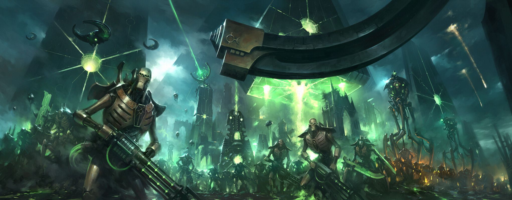 Warhammer 40 000 Warhammer Warhammer 30 000 City Necrons Green Black Science Fiction Video Games Vid 2042x800