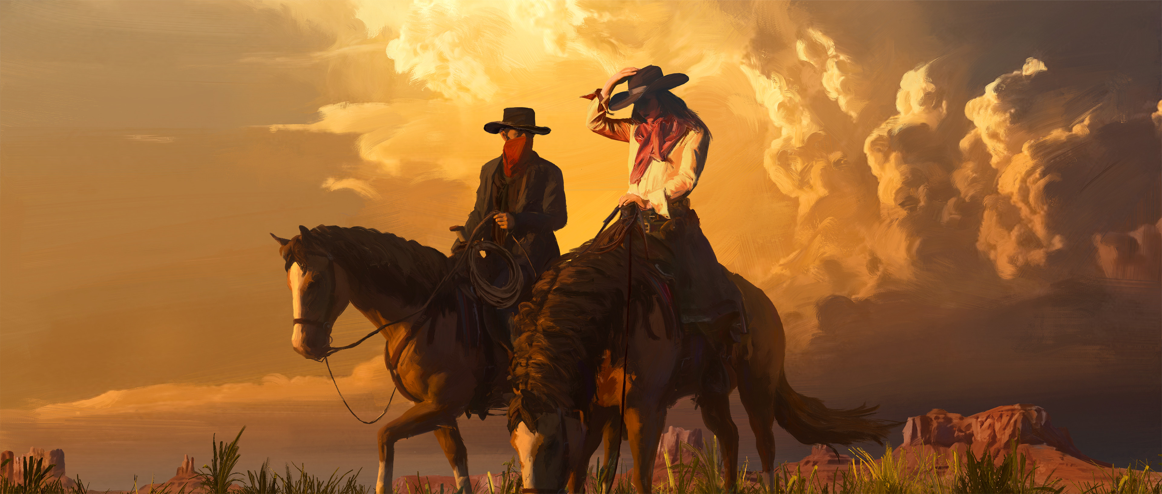 Yongfei Liu Digital 2D Digital Art Artwork Illustration Western Cowboys Horse Oil Painting Clouds Co 3840x1633