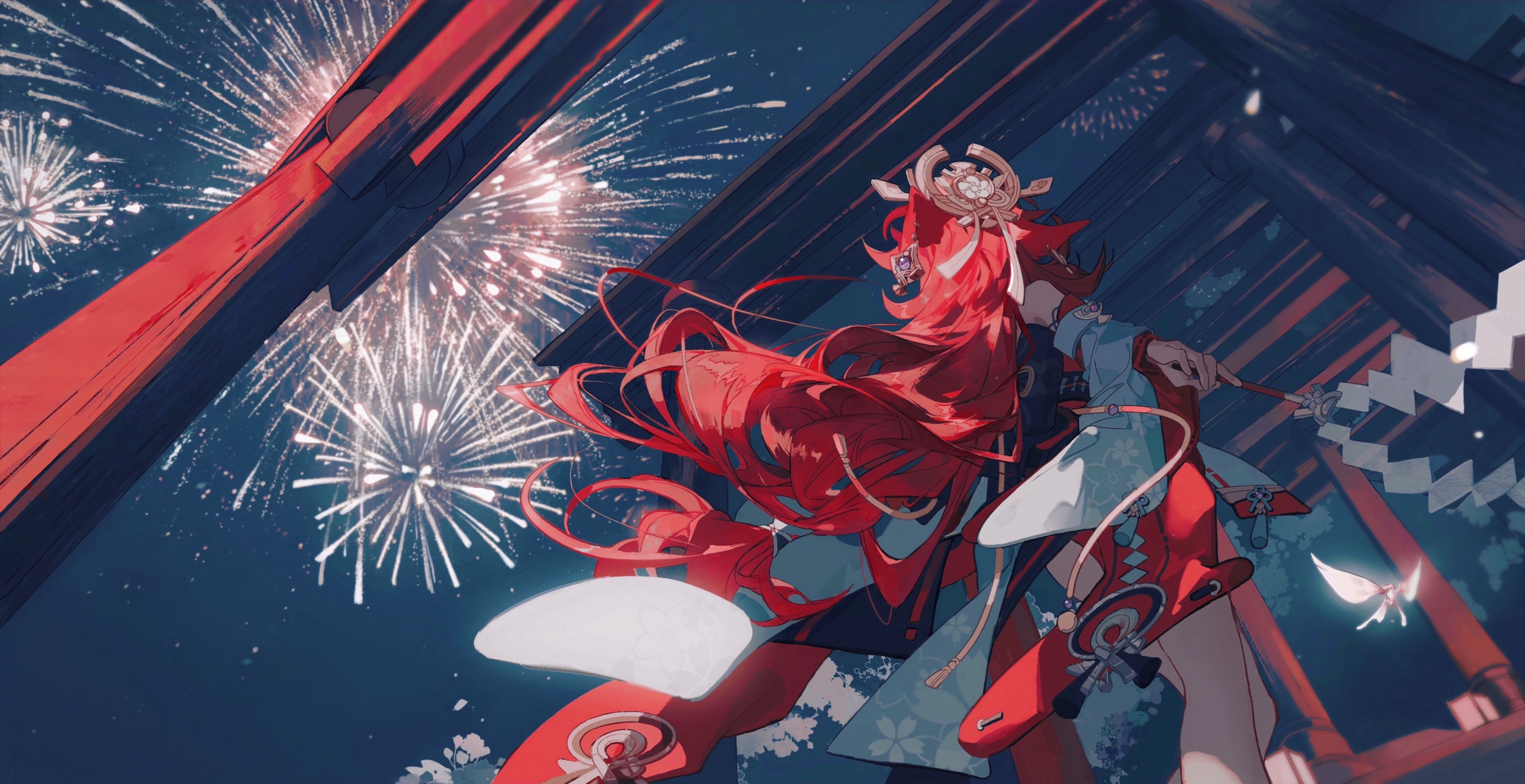 Anime Anime Girls Genshin Impact Yae Miko Genshin Impact Fireworks From Below Worms Eye View Low Ang 5366x2759