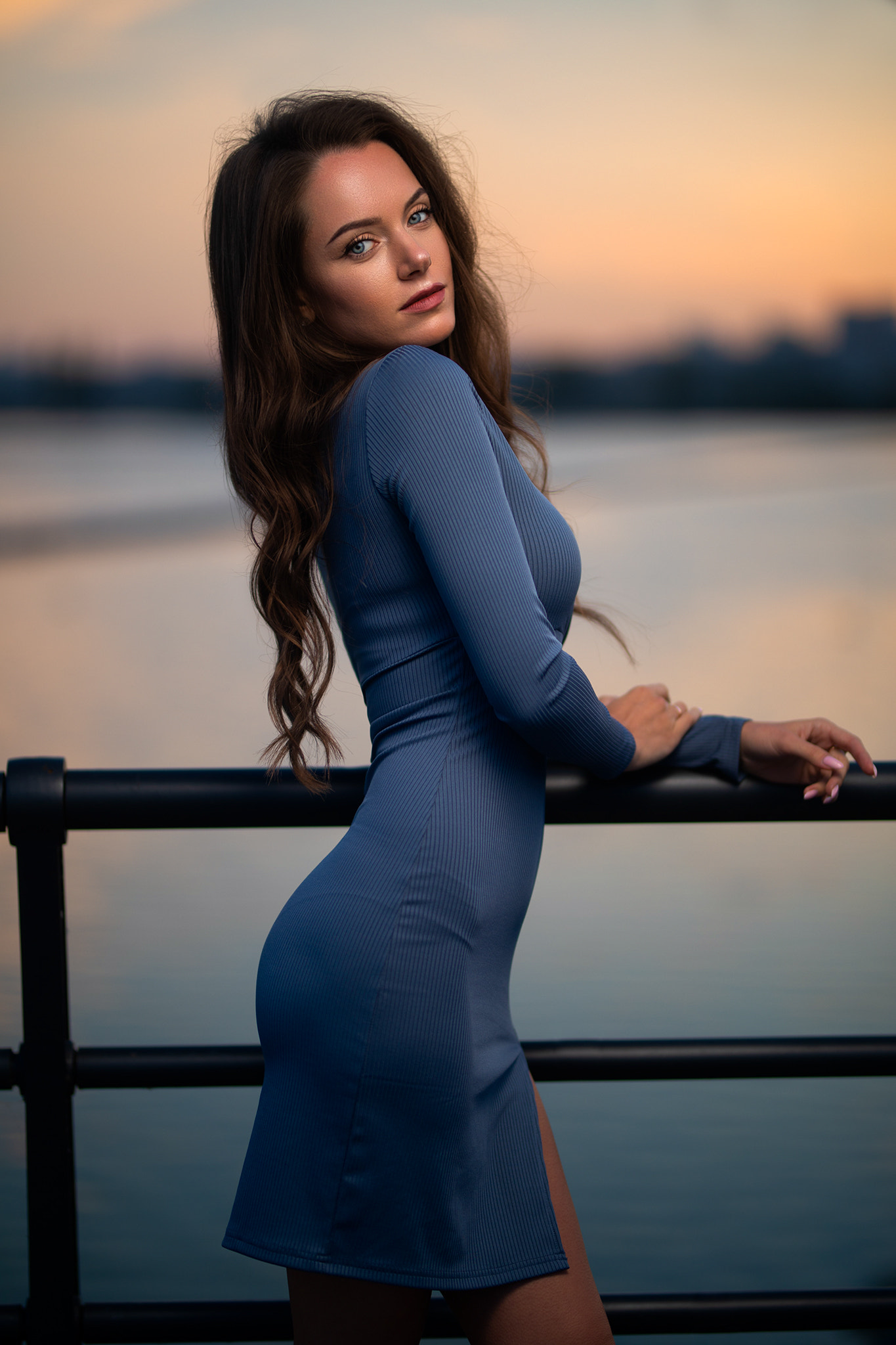Dmitry Shulgin Women Brunette Long Hair Wavy Hair Blue Eyes Looking At Viewer Dress Blue Clothing Fe 1365x2048