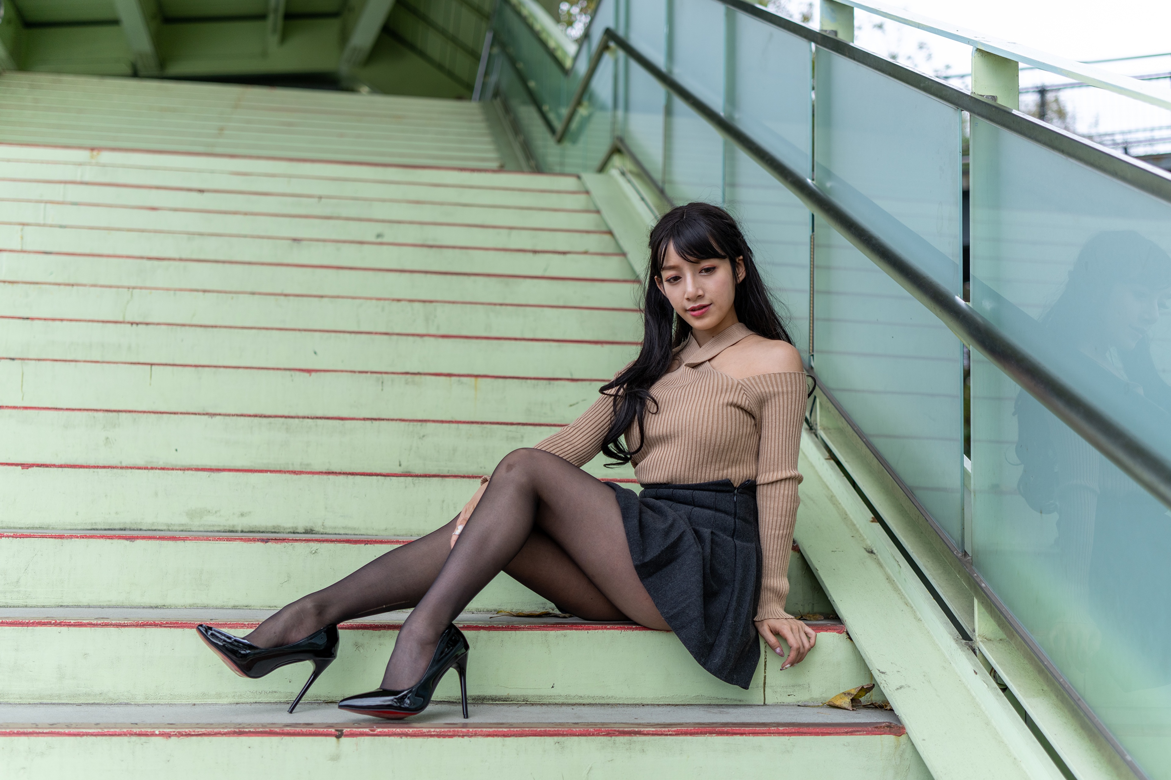 Asian Model Women Long Hair Dark Hair Sitting Black High Heels Nylons Black Skirts Stairs Iron Raili 3840x2560