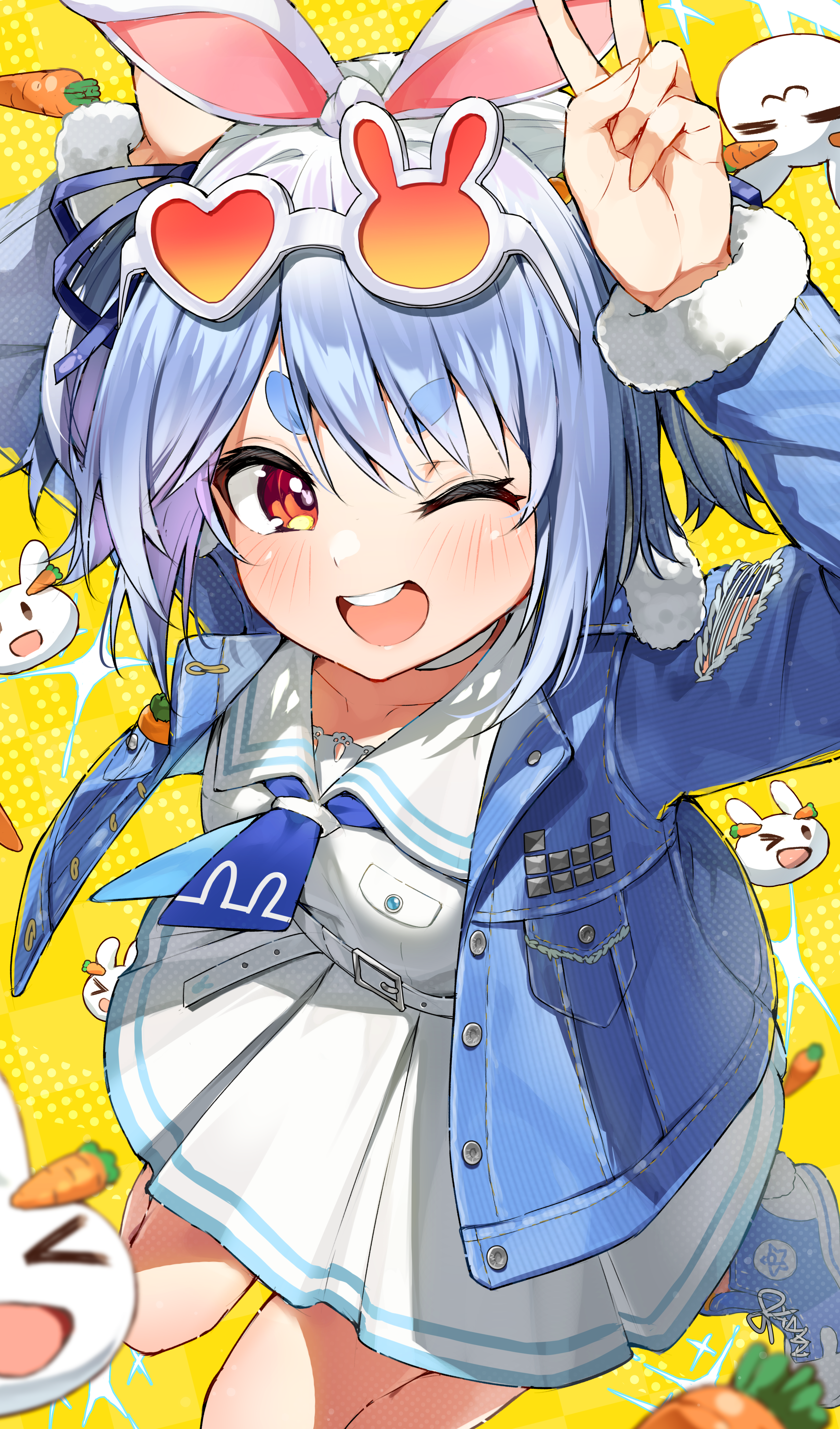Usada Pekora Hololive Anime Girls Carrots Bunny Girl Bunny Ears Peace Sign Wink 4429x7527
