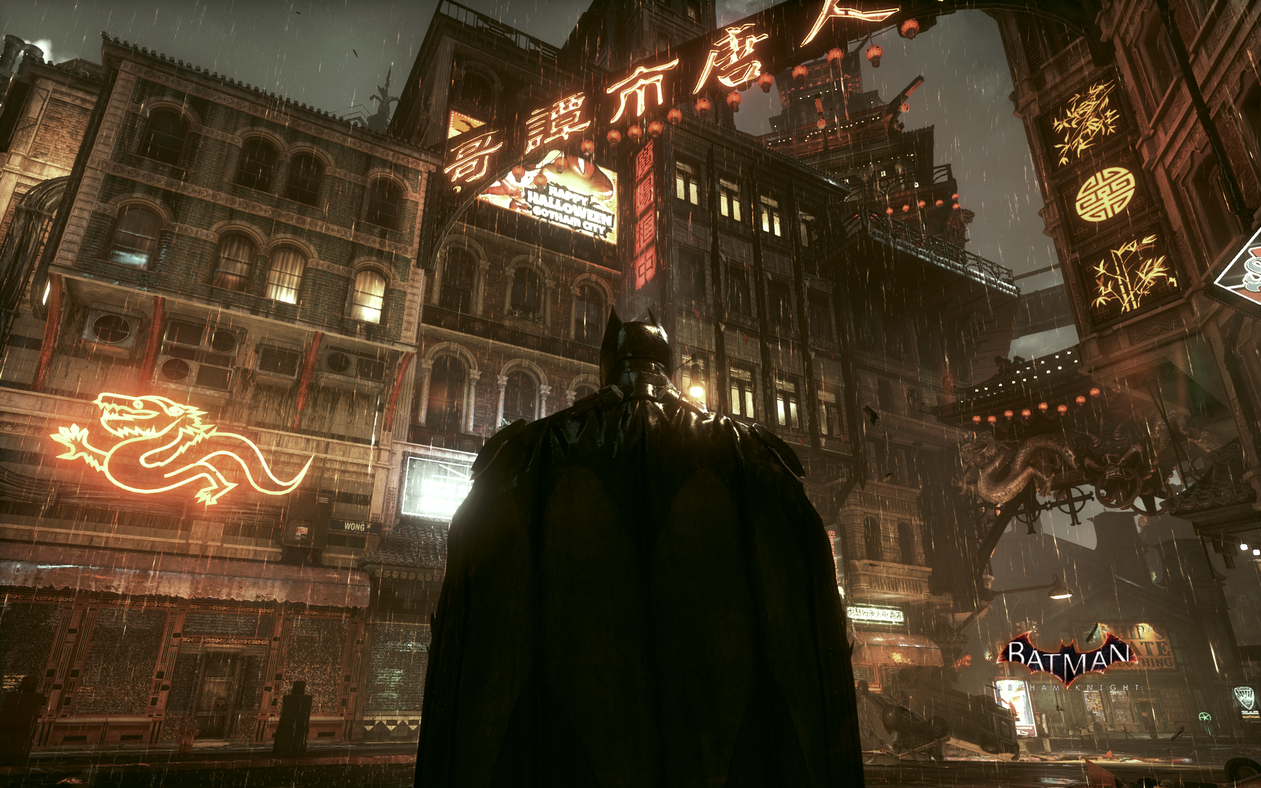 Batman Arkham Knight Screen Shot PC Gaming Video Games Superhero Rain City Night Logo Batman 2560x1600