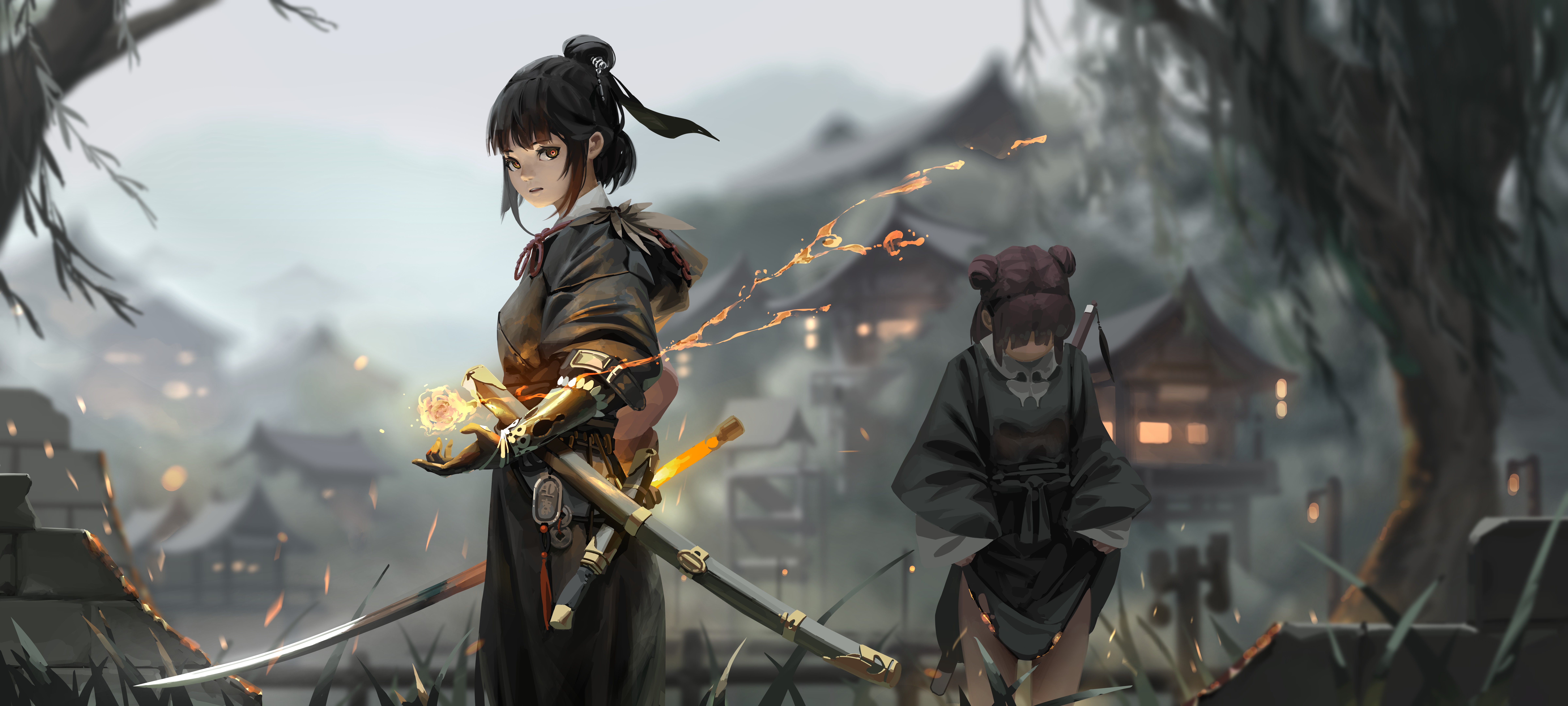 Ancient China Dark Hair Women Comic Art Anime Girls Katana 9600x4320