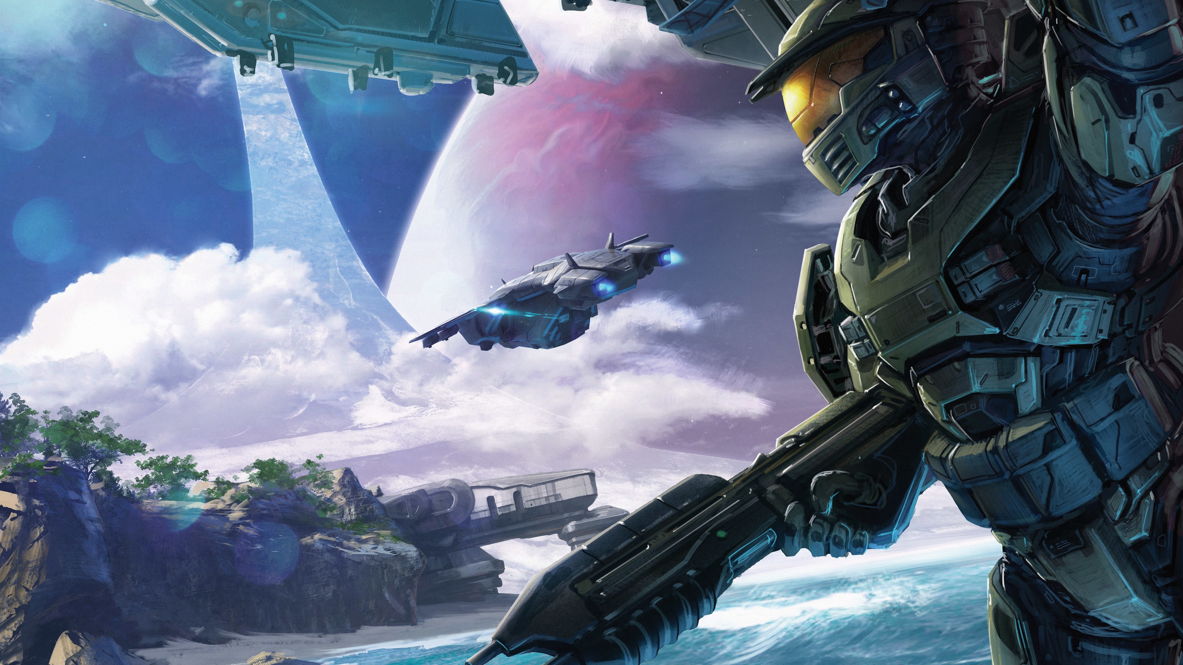 Master Chief Halo Halo CE Spaceship Futuristic Armor Futuristic Digital Art Video Games Clouds Armor 3840x2160