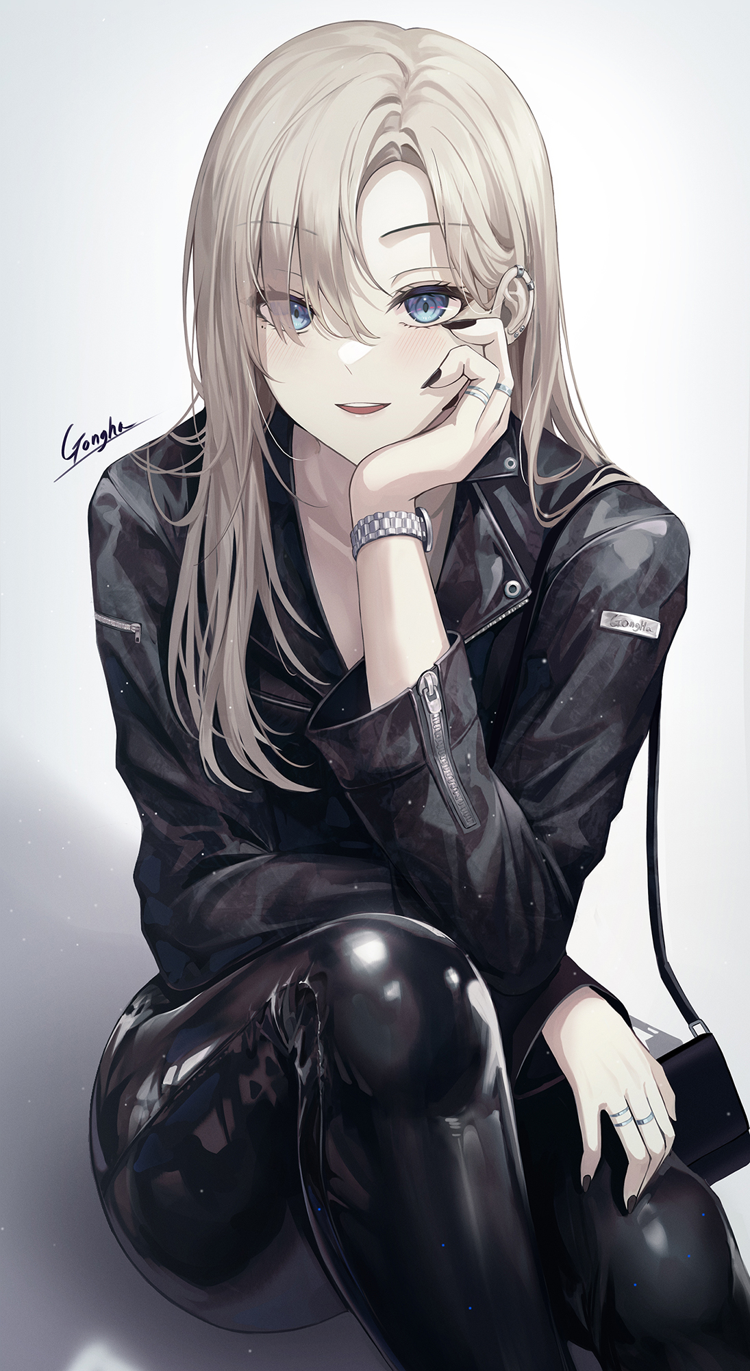 Anime Anime Girls Hair In Face Blonde Black Clothing Black Nails Sitting Wristwatch Long Hair Blue E 1095x2000
