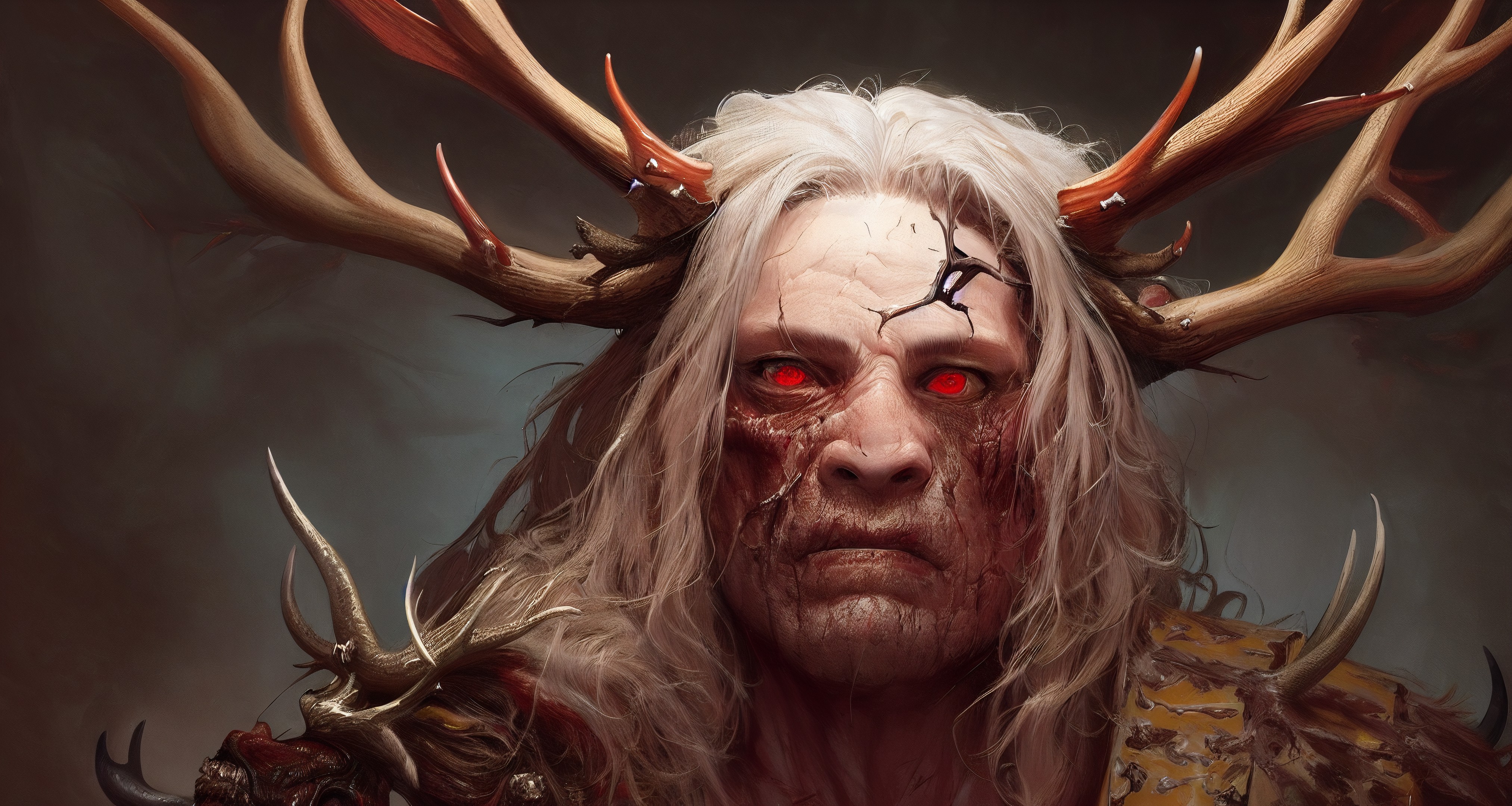 Ai Generated Fantasy Men Antlers Red Eyes White Hair Looking At Viewer Angry Face Messy Hair Scars F 4050x2160