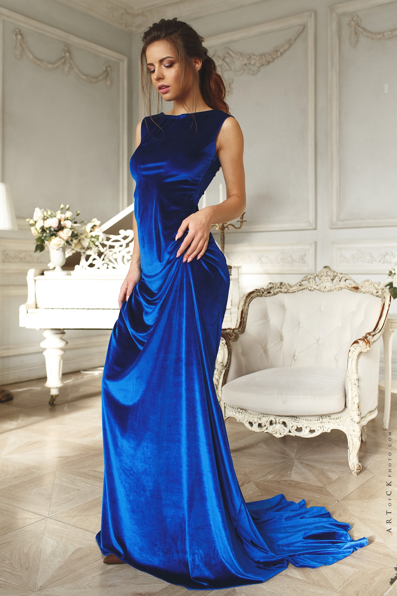 Stepan Kvardakov Women Brunette Dress Blue Clothing Velvet Glamour Flowers Piano Blue Dress 1280x1920