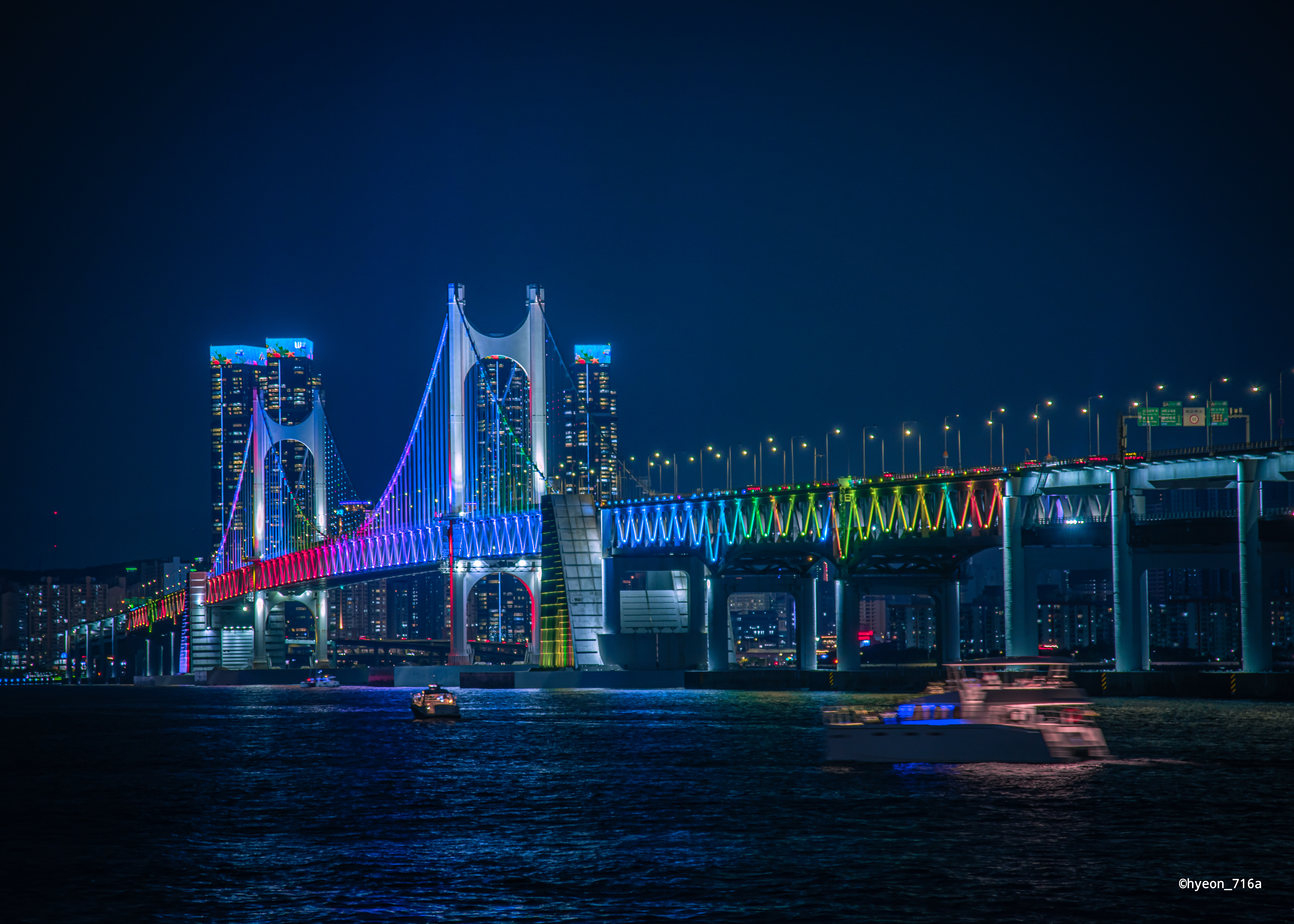 Night Building Busan Skyscraper Photography Bridge South Korea Colorful Water Lights 6529x4664