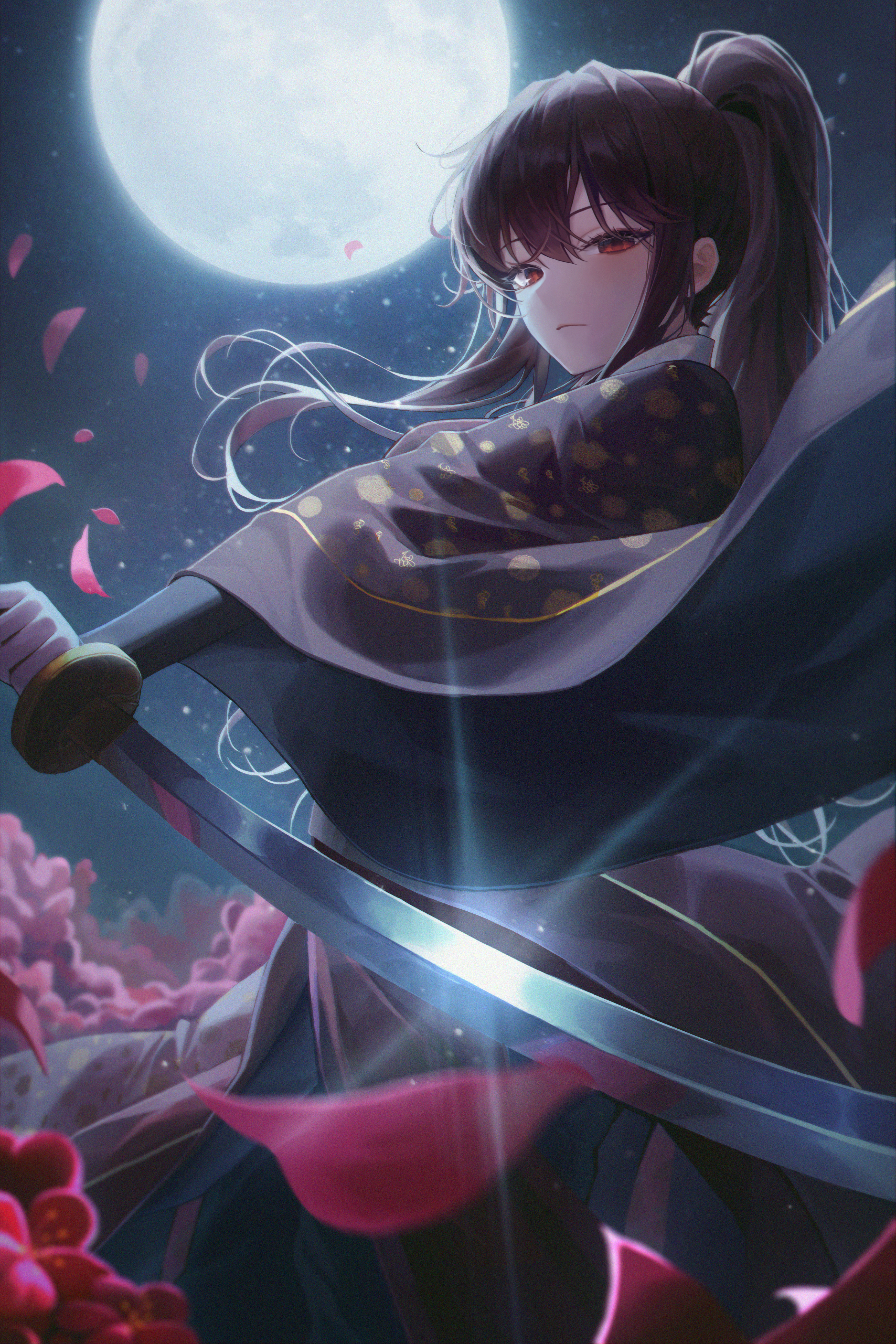 Anime Anime Girls Samurai Katana Meoyo Sword Petals Red Eyes Moon 3500x5250