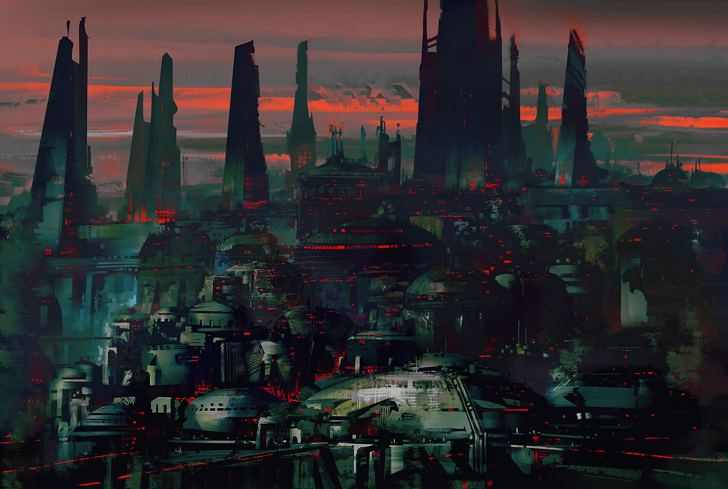 City Science Fiction Dark Industrial Red Fantasy Art 1500x1007