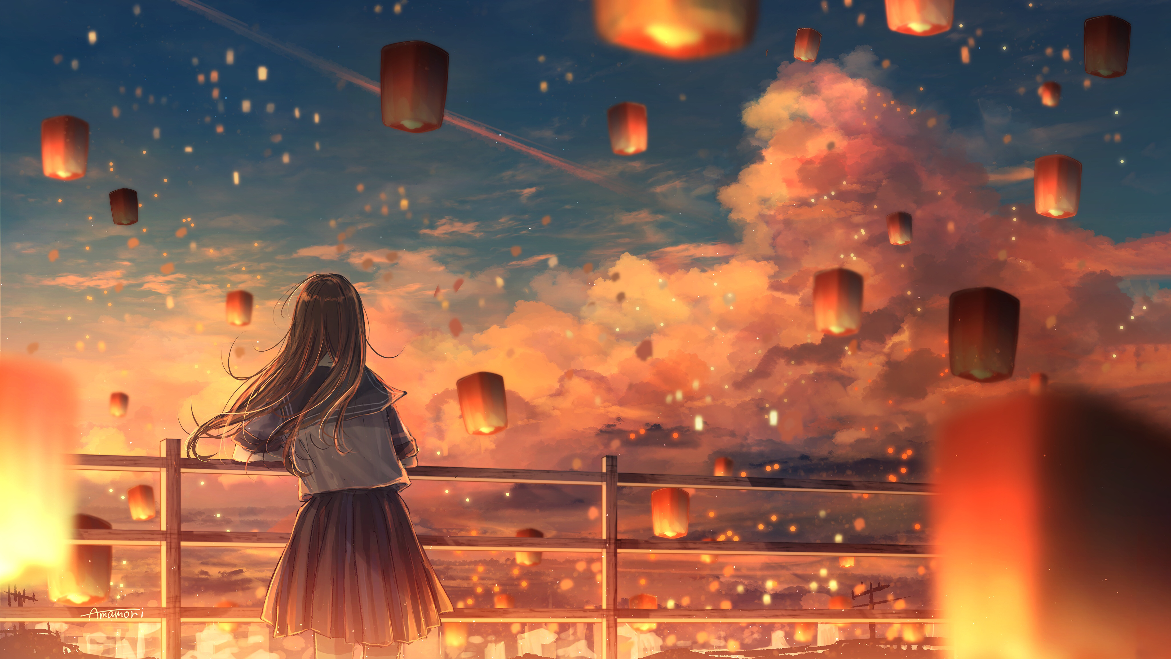 Anime Anime Girls Amenomori Howa Artwork School Uniform Lantern Sky Lanterns Night Lanterns Clouds 3840x2160