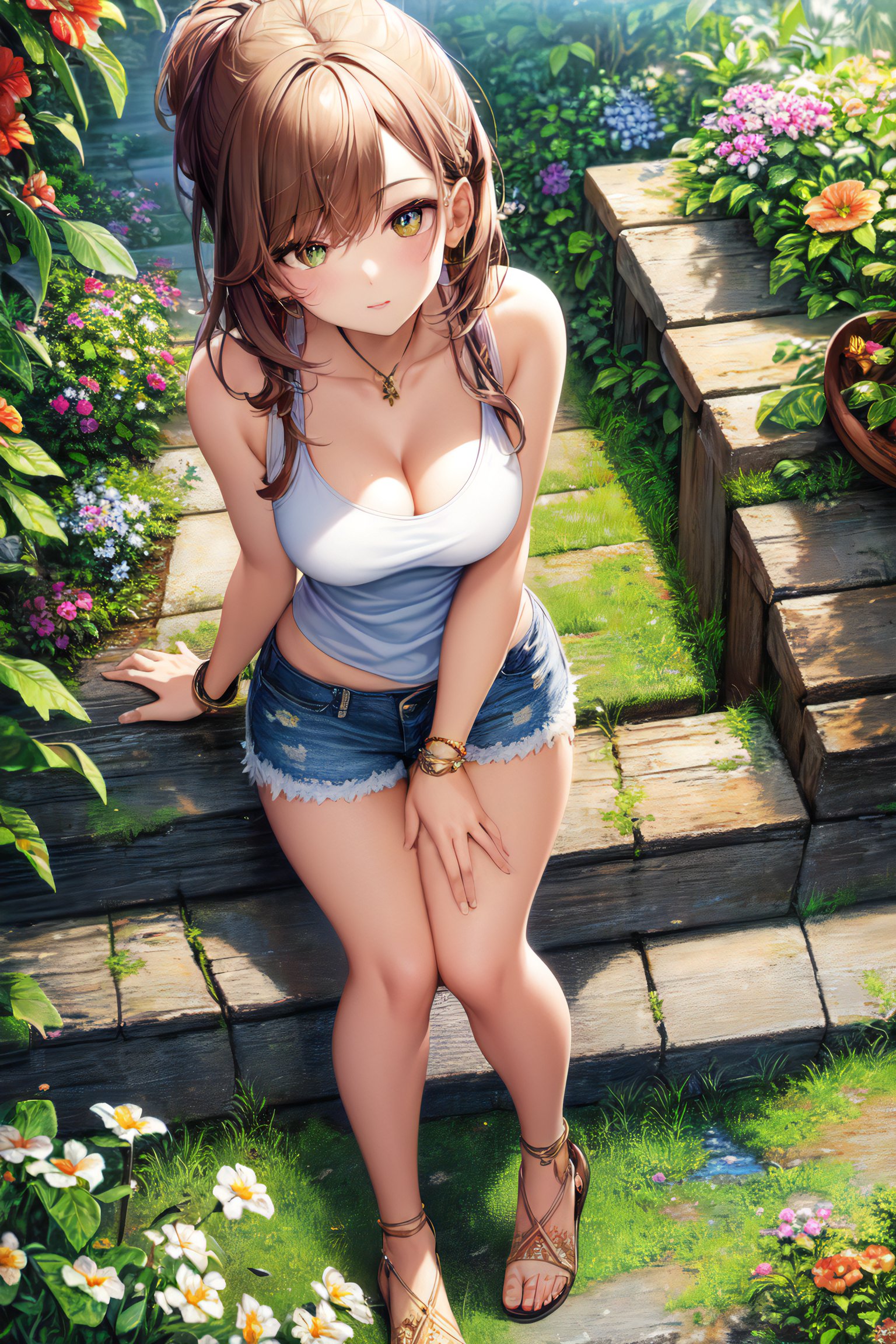 Women Brunette Digital Art Anime Girls Plants Flowers Garden Tank Top Jean Shorts Shorts Short Short 1536x2304