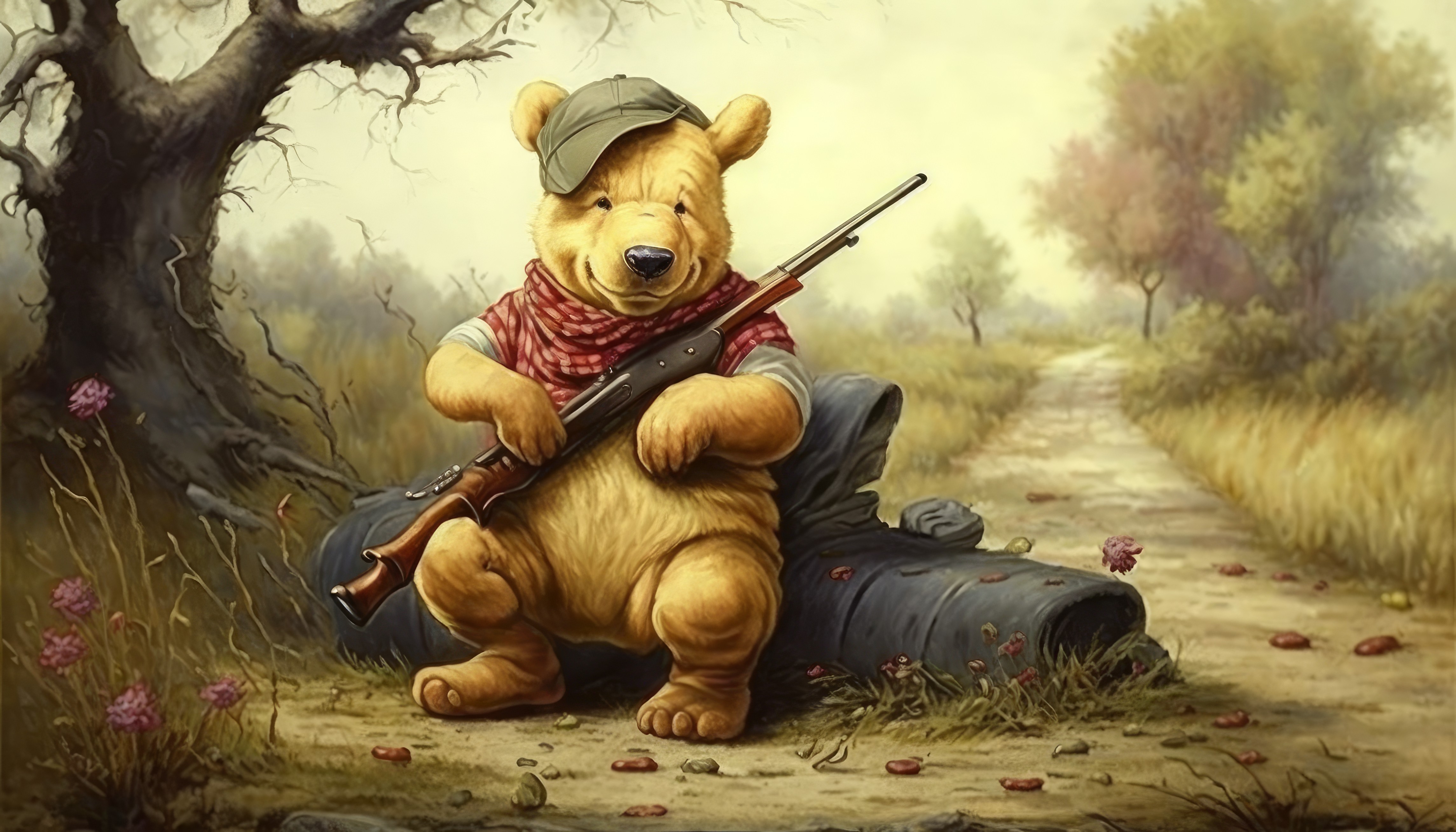 Ai Art Illustration Winnie The Pooh Shotgun Gun Hat Animals Log Path 4579x2616