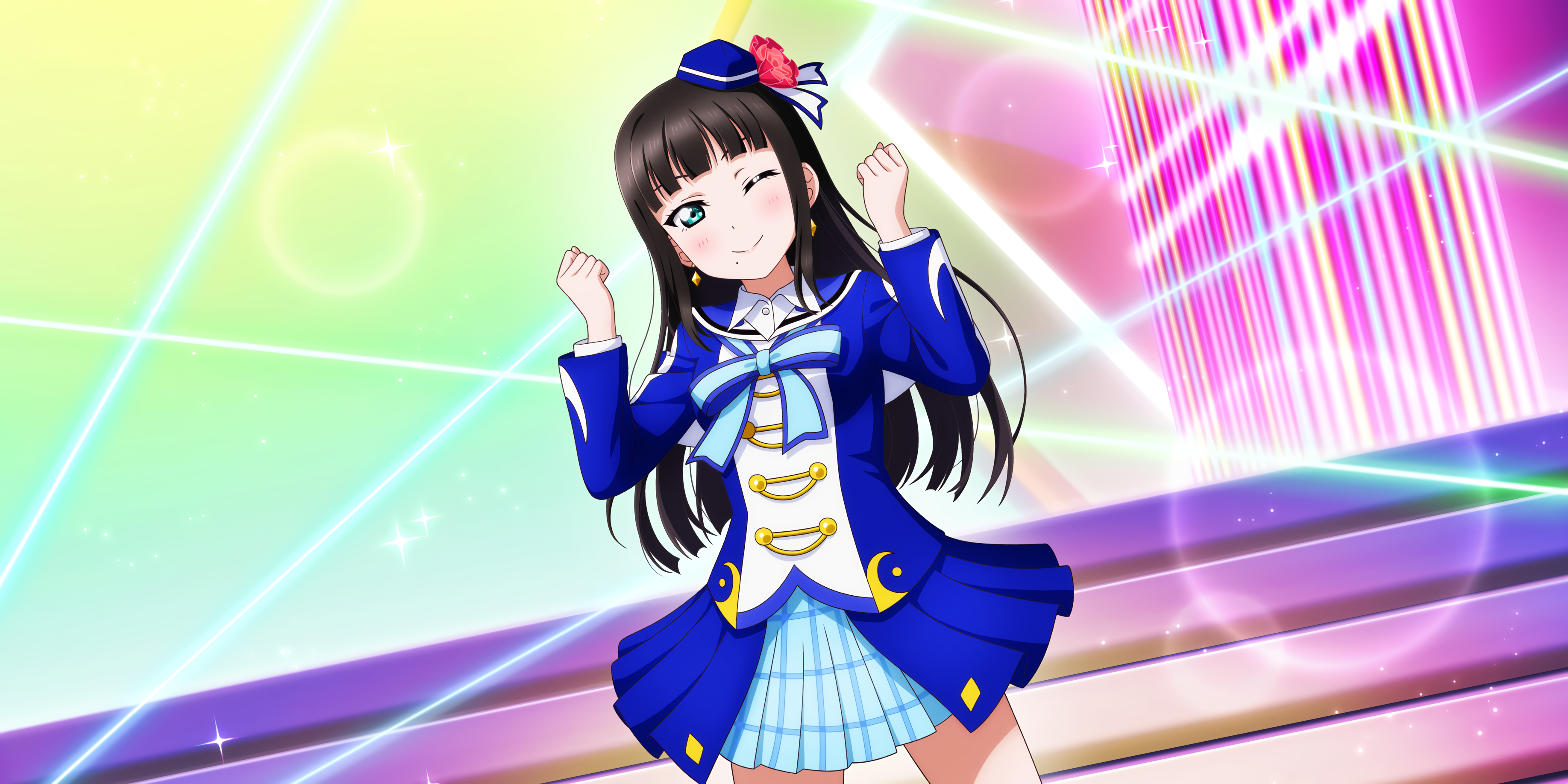 Kurosawa Dia Love Live Sunshine Anime Anime Girls Dark Hair Blue Eyes Wink Blushing Hat Long Hair 3670x1836