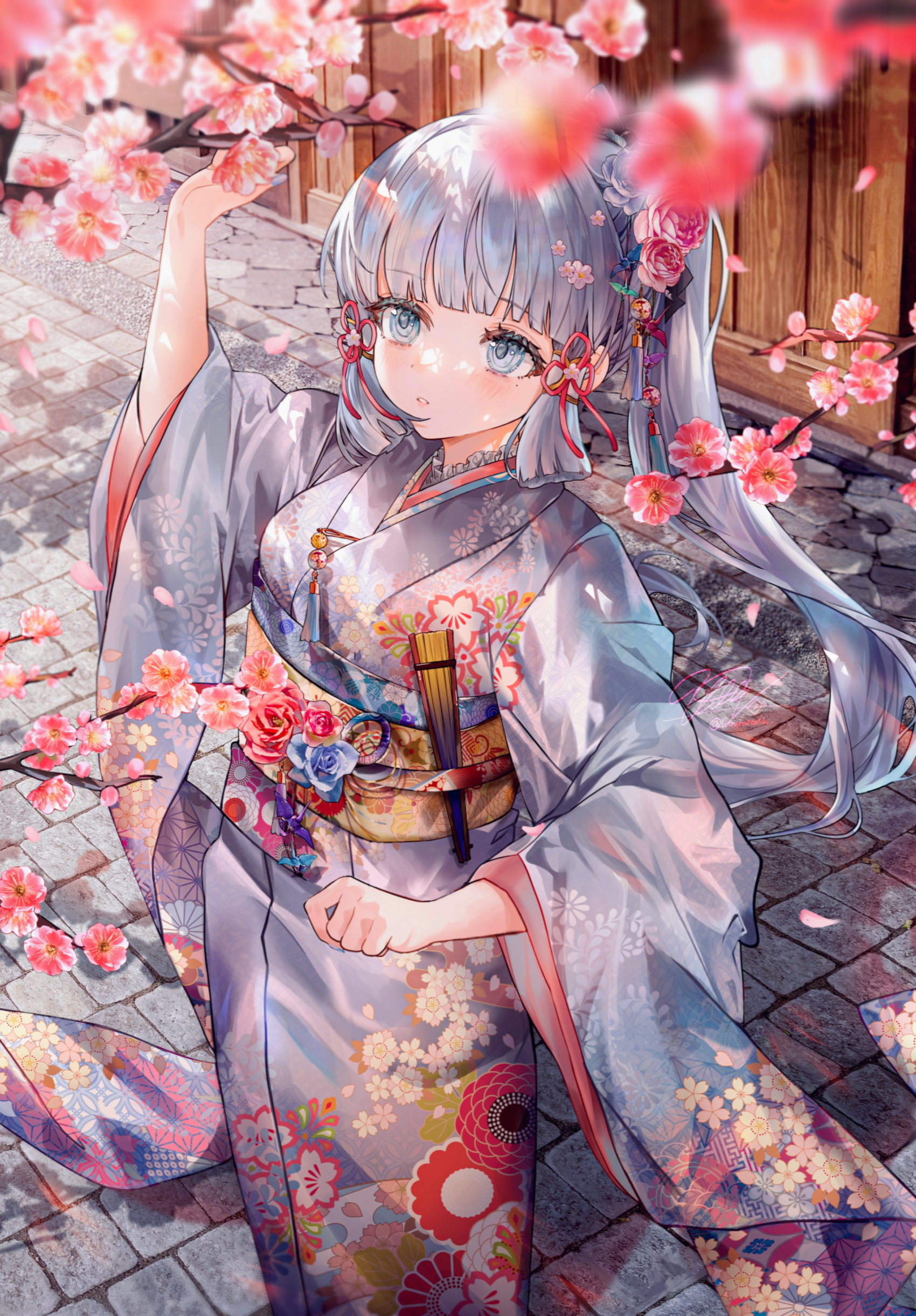 Anime Anime Girls Genshin Impact Kamisato Ayaka Genshin Impact Kimono Flowers Petals Cherry Blossom 1700x2441