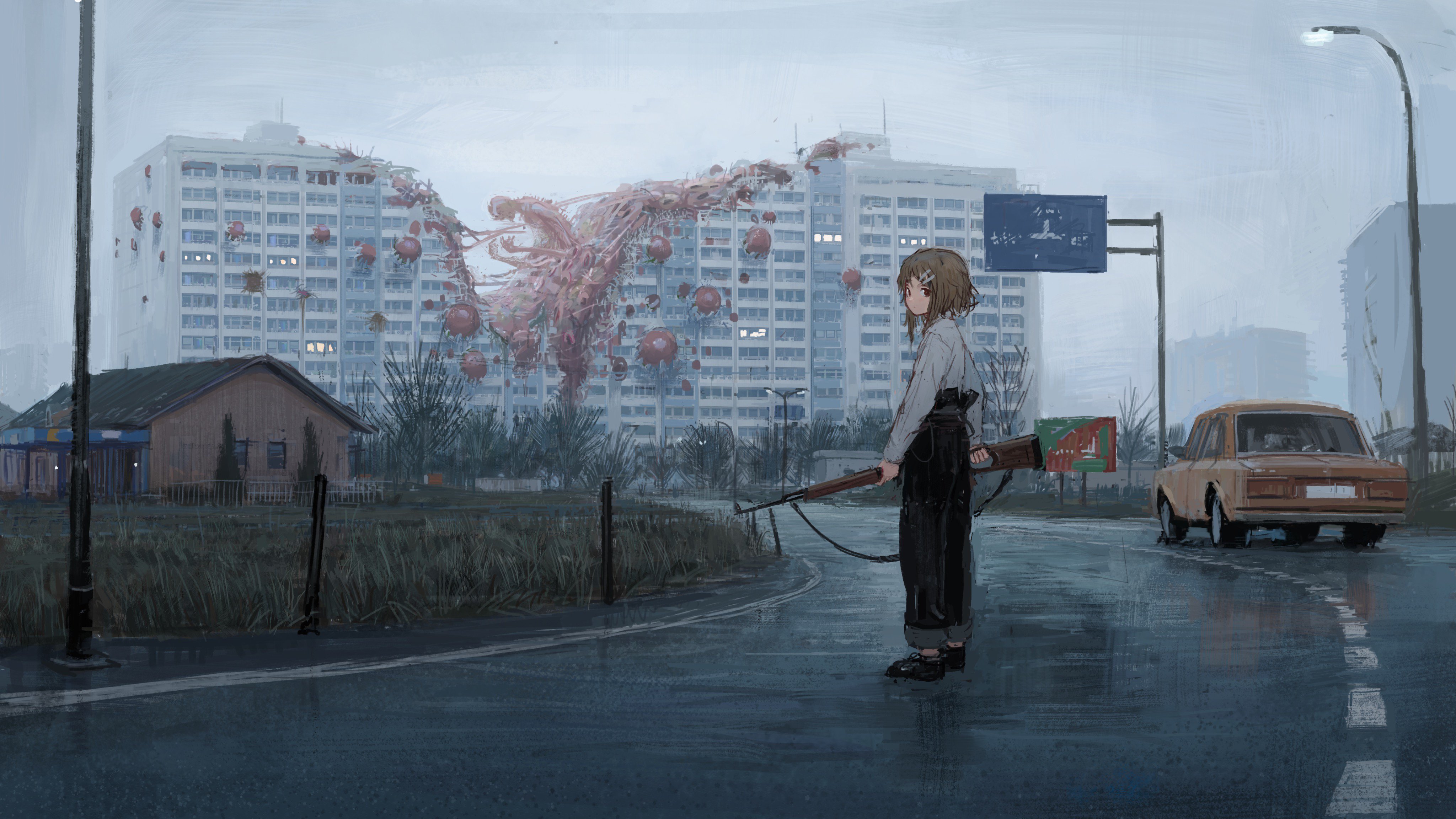 Anime Girls With Guns Dystopian Horror Anime Anime Girls Standing Gun Creature Building Road Car Rea 4096x2304