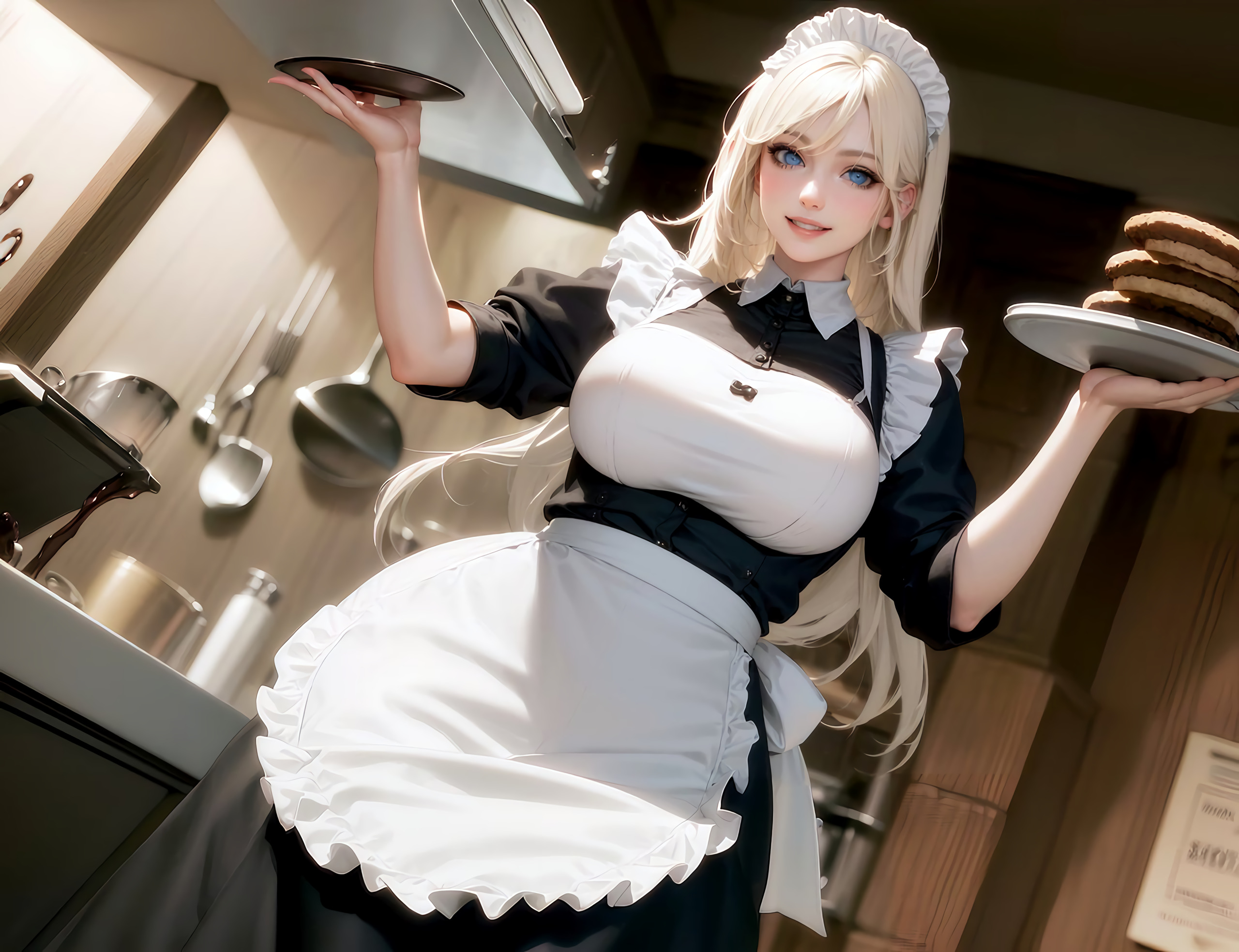 Stable Diffusion Ai Art Blonde Women Maid Outfit Maid Dress Kitchen Realistic Blue Eyes Smiling Apro 2560x1968