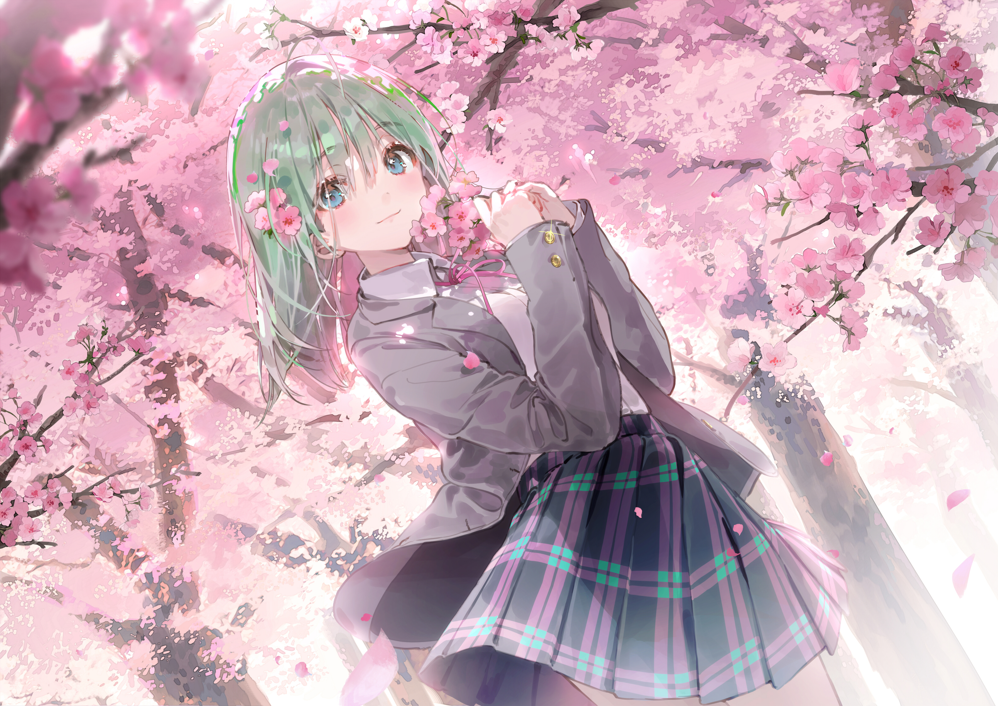 Anime Anime Girls Original Characters Trees Petals Skirt Frills Looking At Viewer Smiling Closed Mou 3253x2300