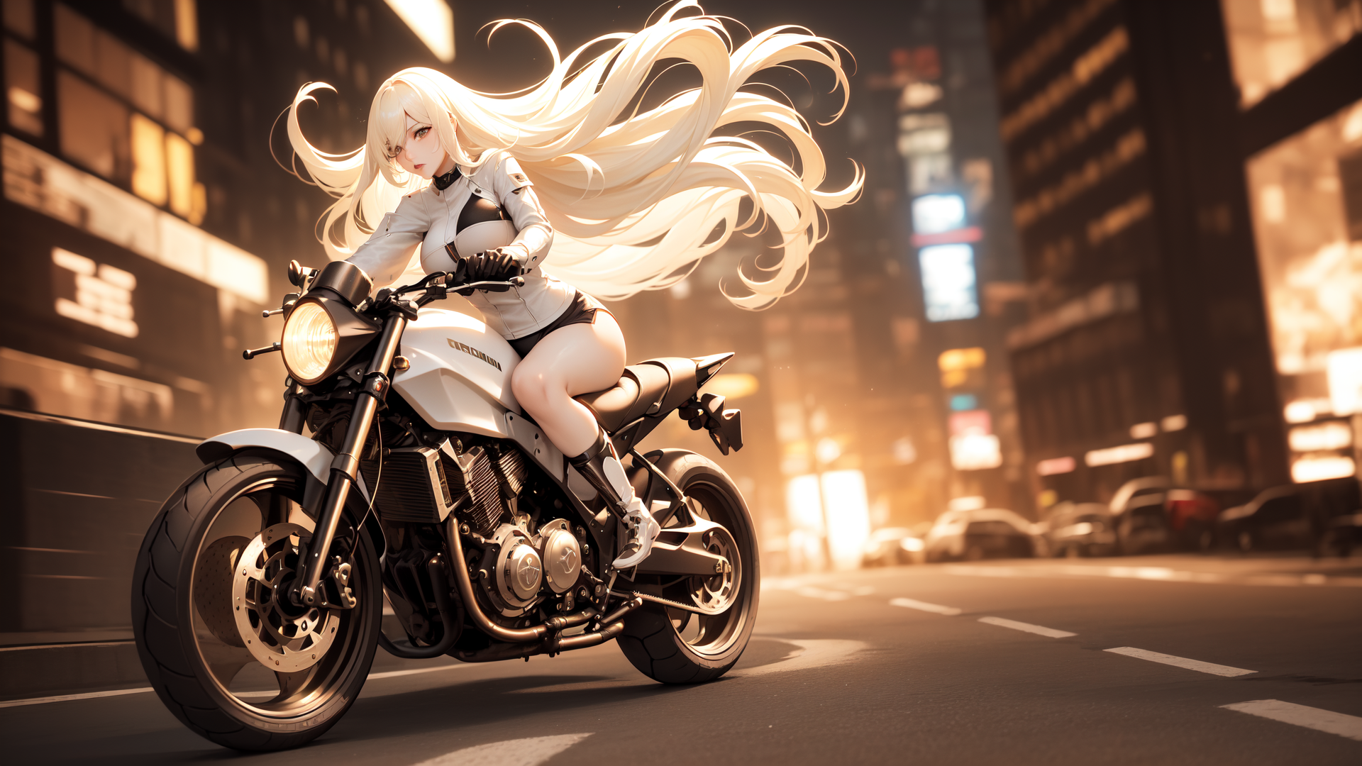 Anime Girls Biker Ai Art Vehicle Long Hair Looking At Viewer City Lights Motorcycle 1920x1080
