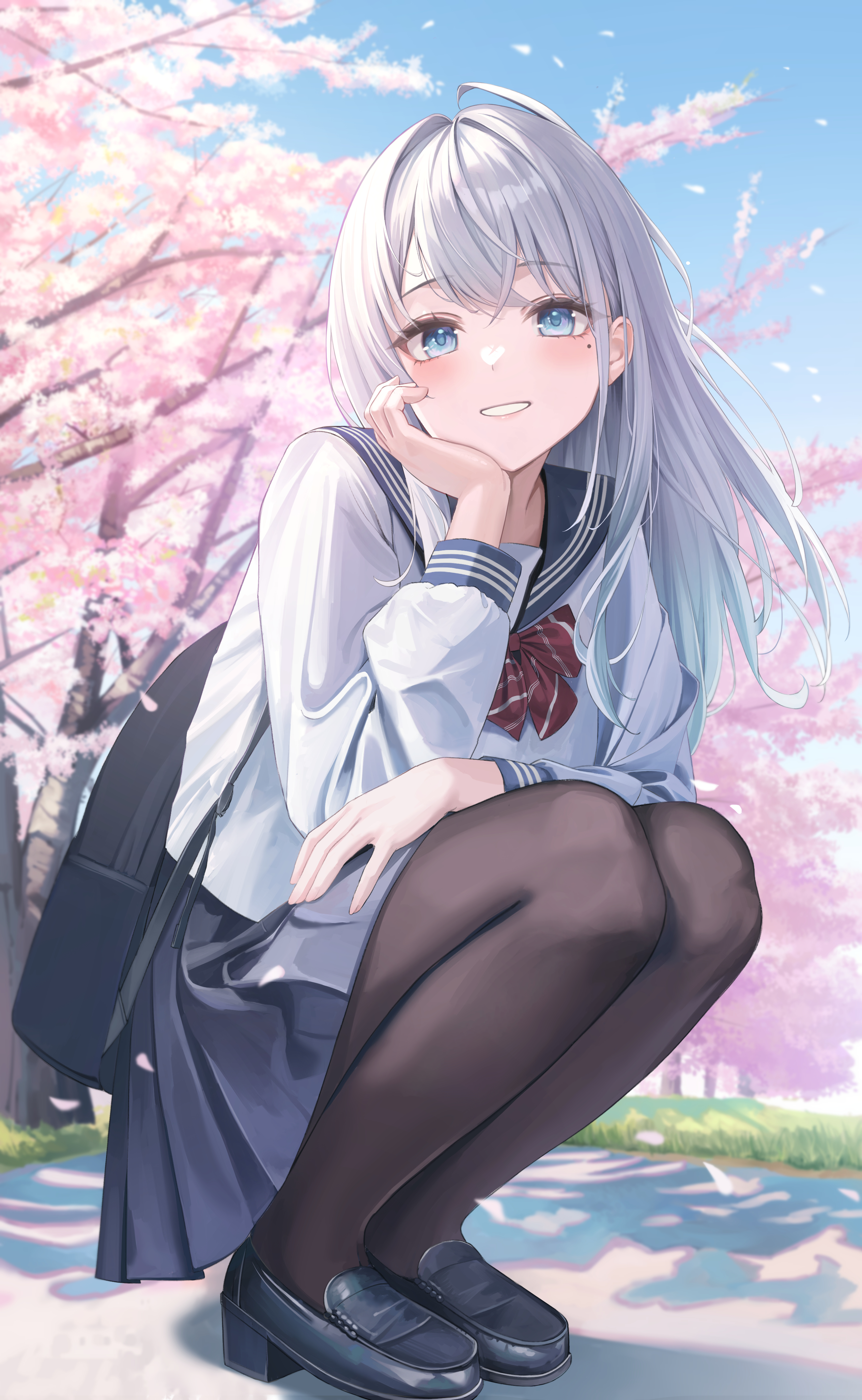 Anime Anime Girls Schoolgirl School Uniform Looking At Viewer Petals Cherry Trees Blushing Moles Mol 2530x4106