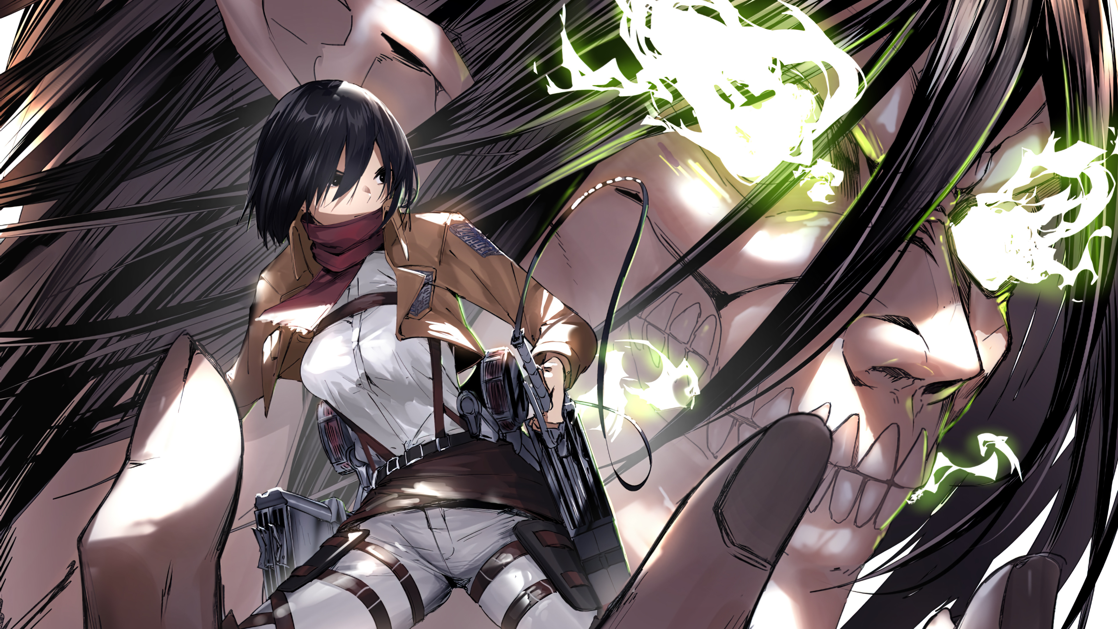 Shingeki No Kyojin Eren Jeager Mikasa Ackerman Giant Glowing Eyes Lightning Black Hair Scarf Sword A 3840x2160