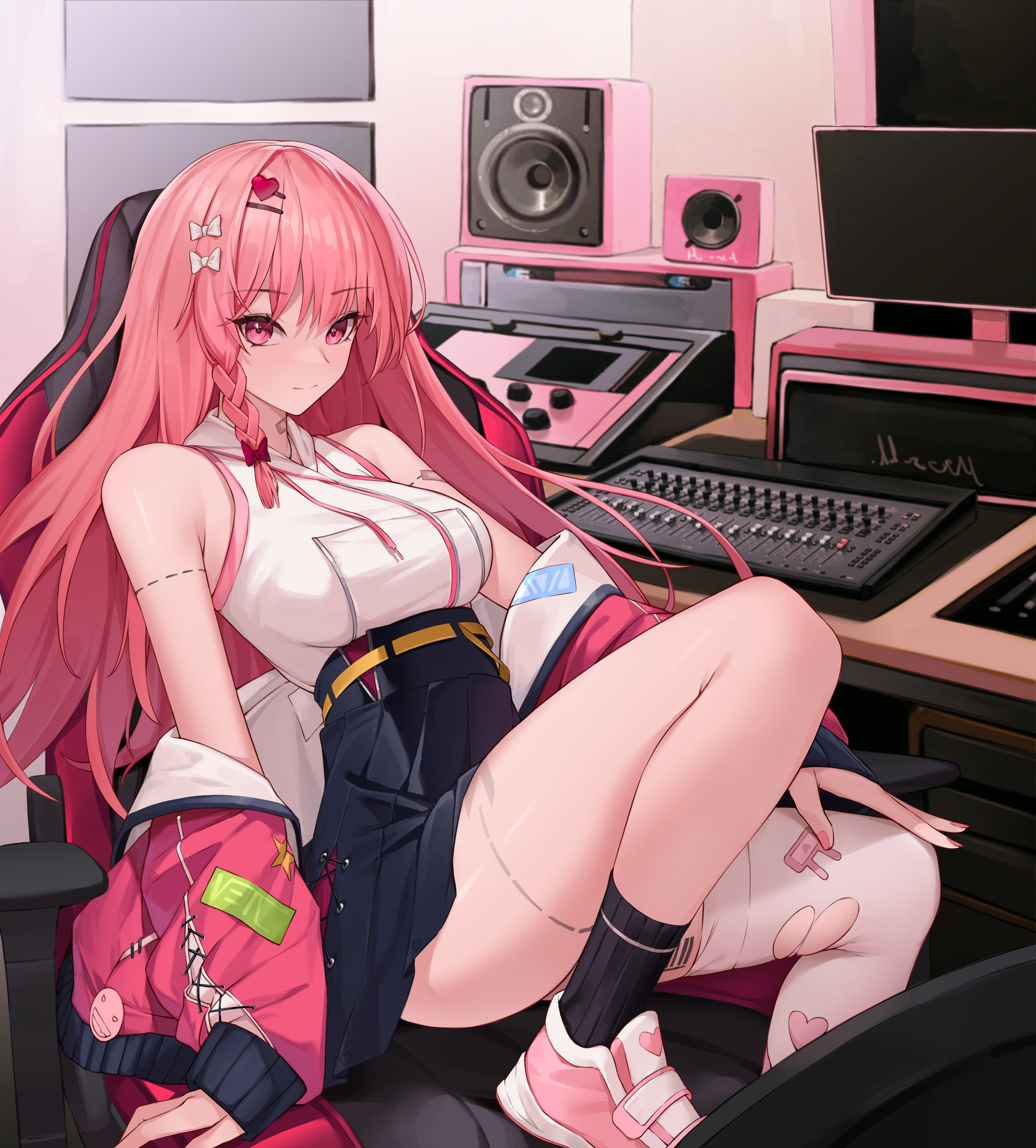 Anime Anime Girls Digital Art Artwork 2D Pixiv Looking At Viewer Pink Hair Pink Eyes Musical Instrum 3000x3325