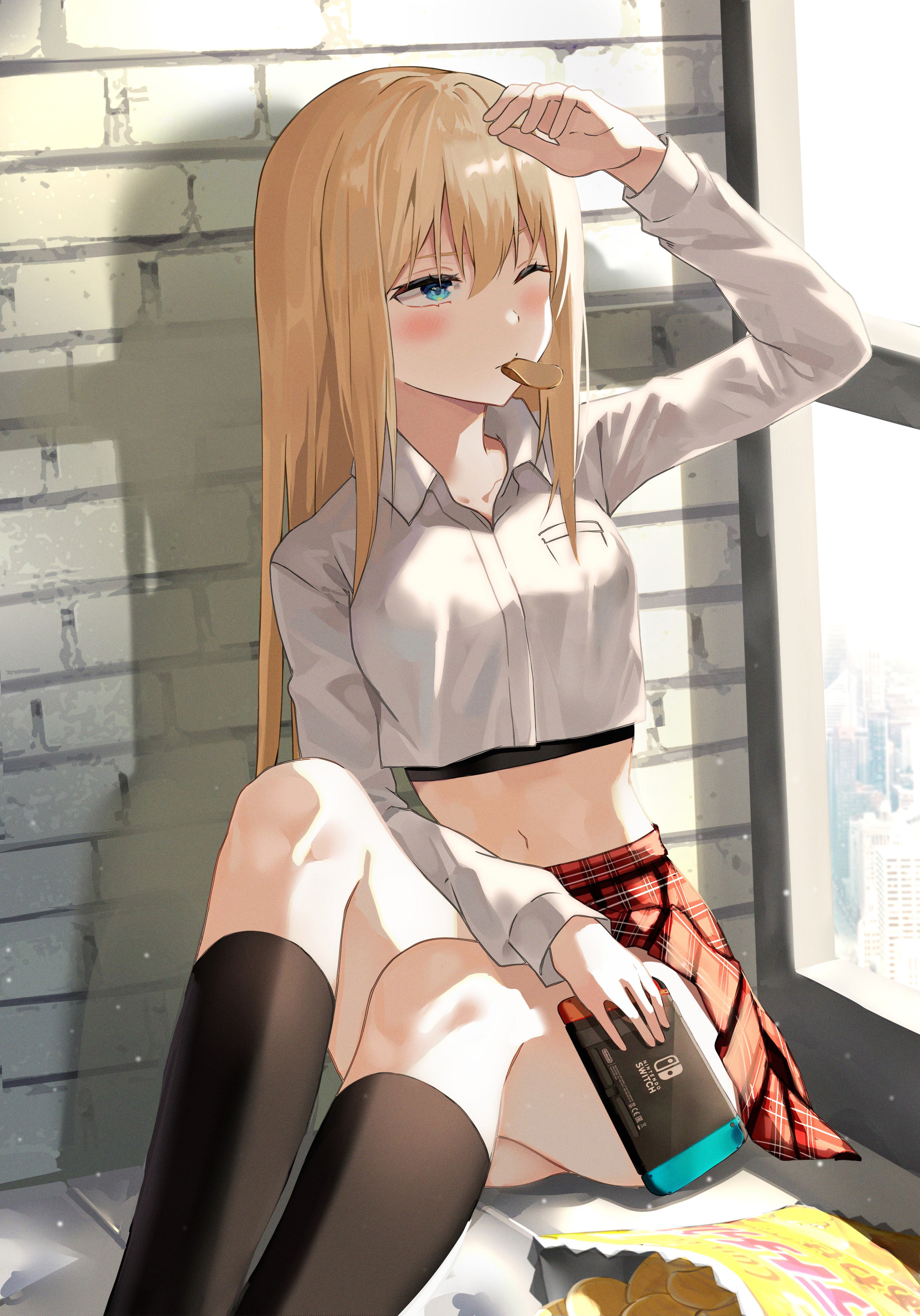 Anime Anime Girls Digital Digital Art 2D Artwork Blonde Looking Away Blocking View Knee High Socks C 2896x4143
