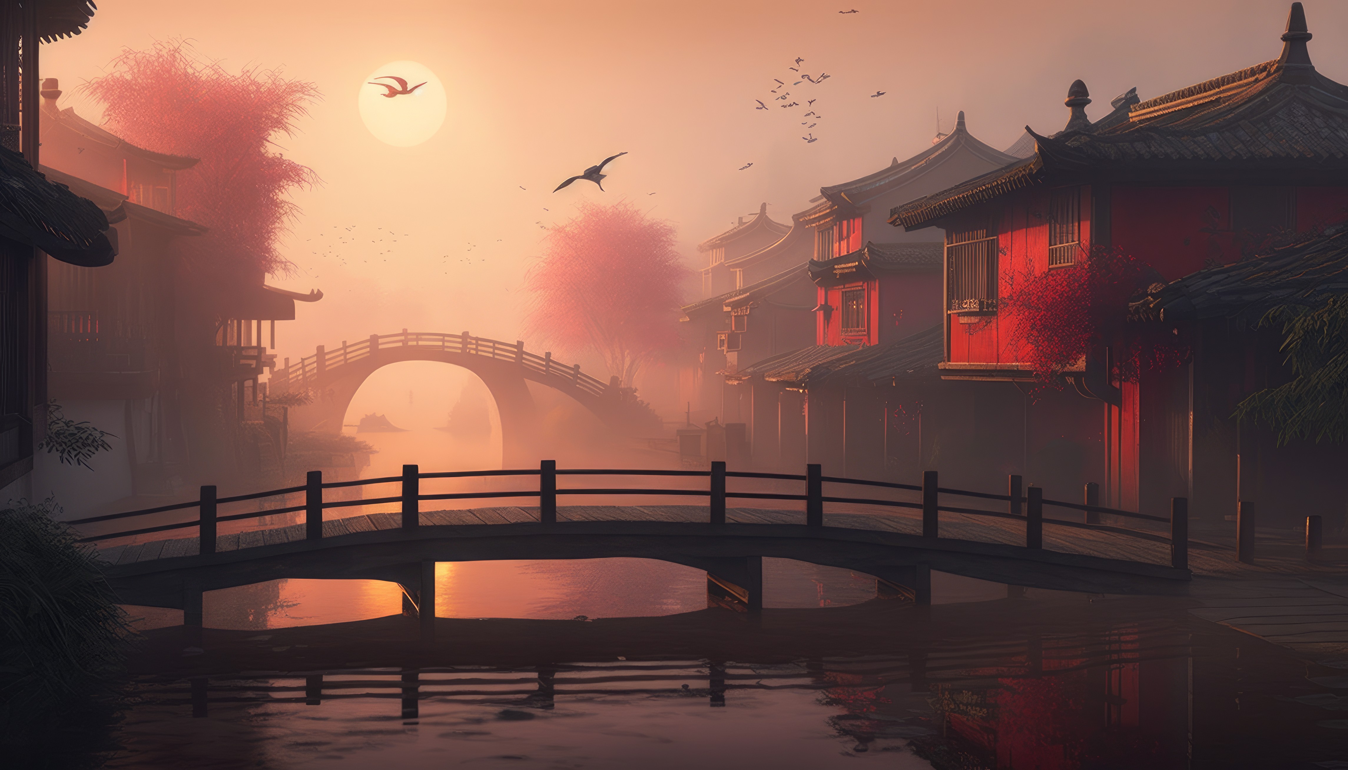 Ai Art Illustration Bridge China Village Sun Birds Water Reflection 4579x2616
