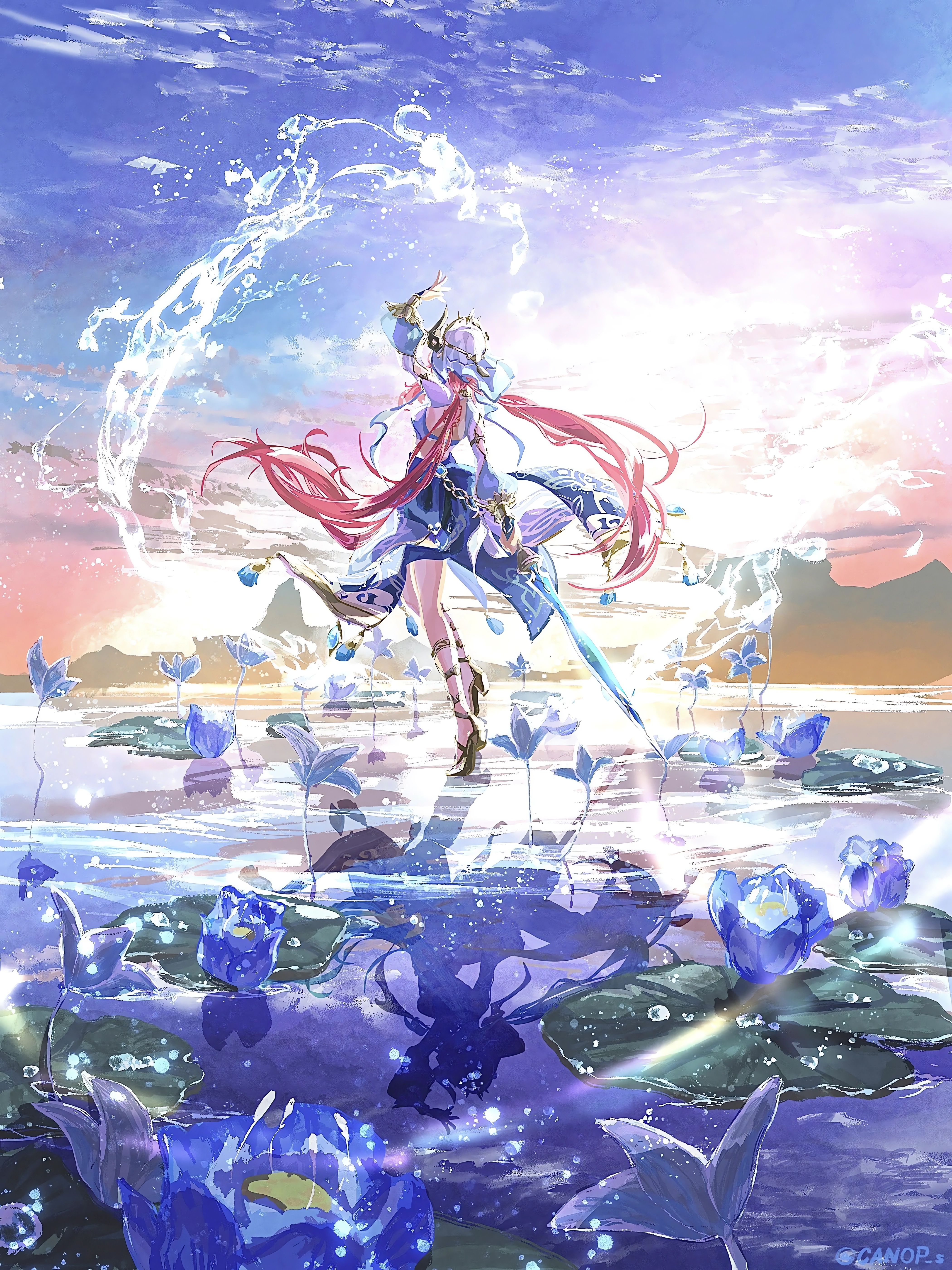 Anime Anime Girls Genshin Impact Water Nilou Genshin Impact Flowers Reflection Water Drops Sky Water 4200x5600