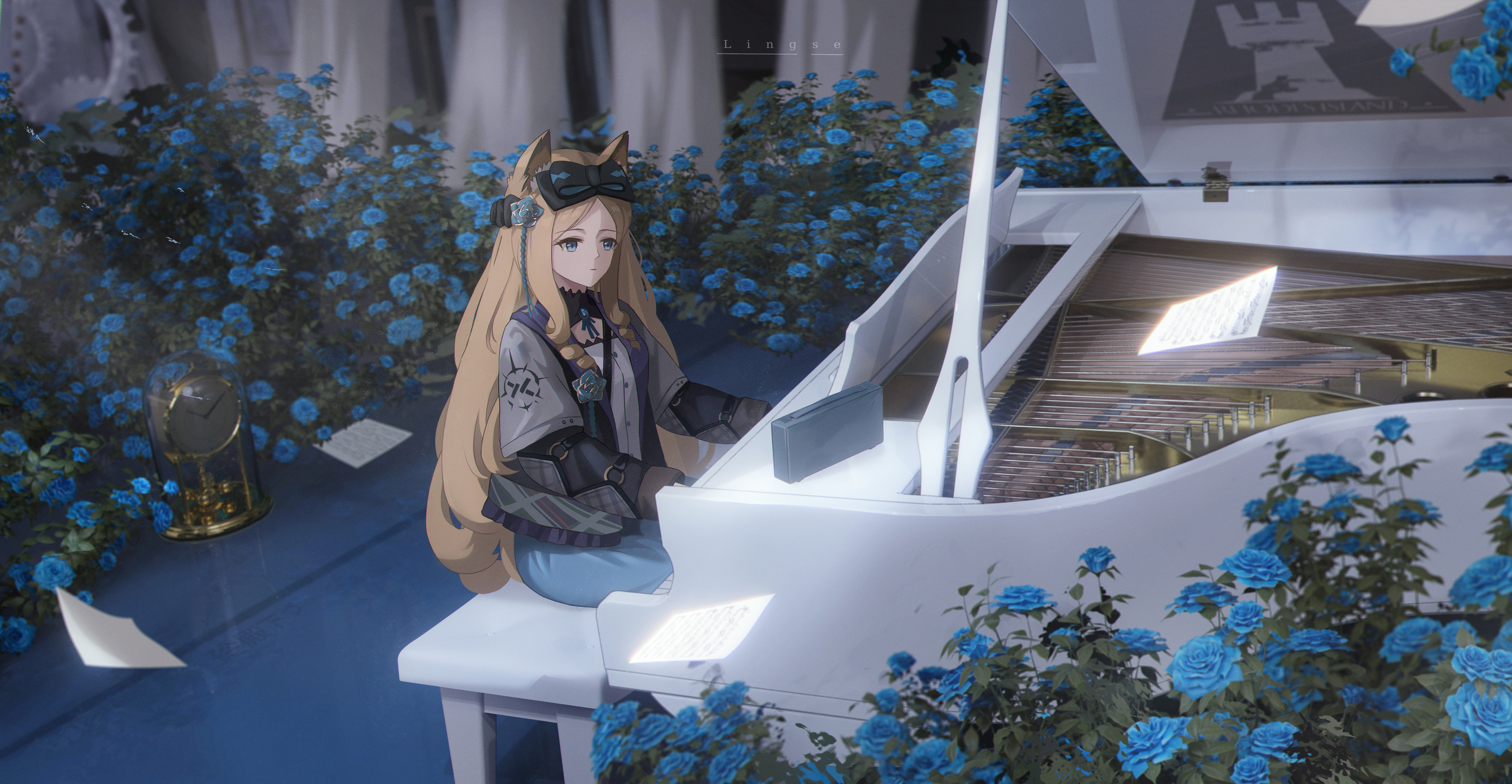 Arknights Piano Anime Girls Fox Girl Fox Ears Long Hair Blonde Paper Flowers Blue Rose Rose Blue Eye 5400x2800