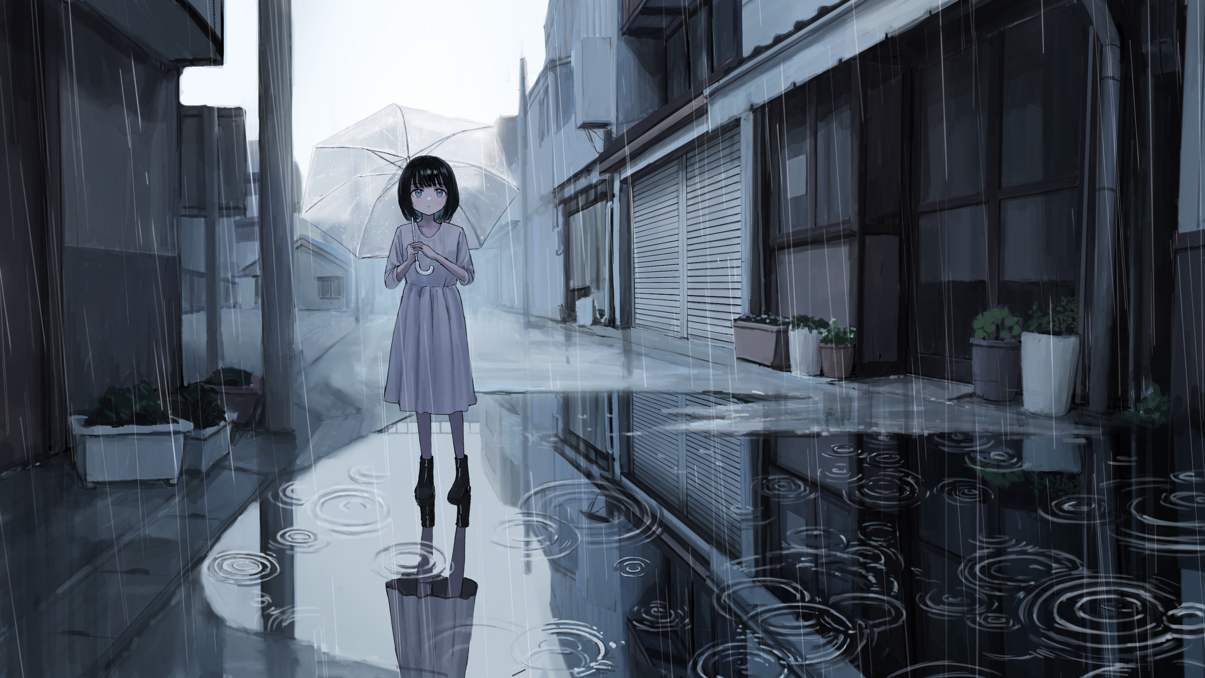Rain Reflection Umbrella Depressing Standing Anime Girls Water Looking At Viewer Short Hair Plants B 3840x2160
