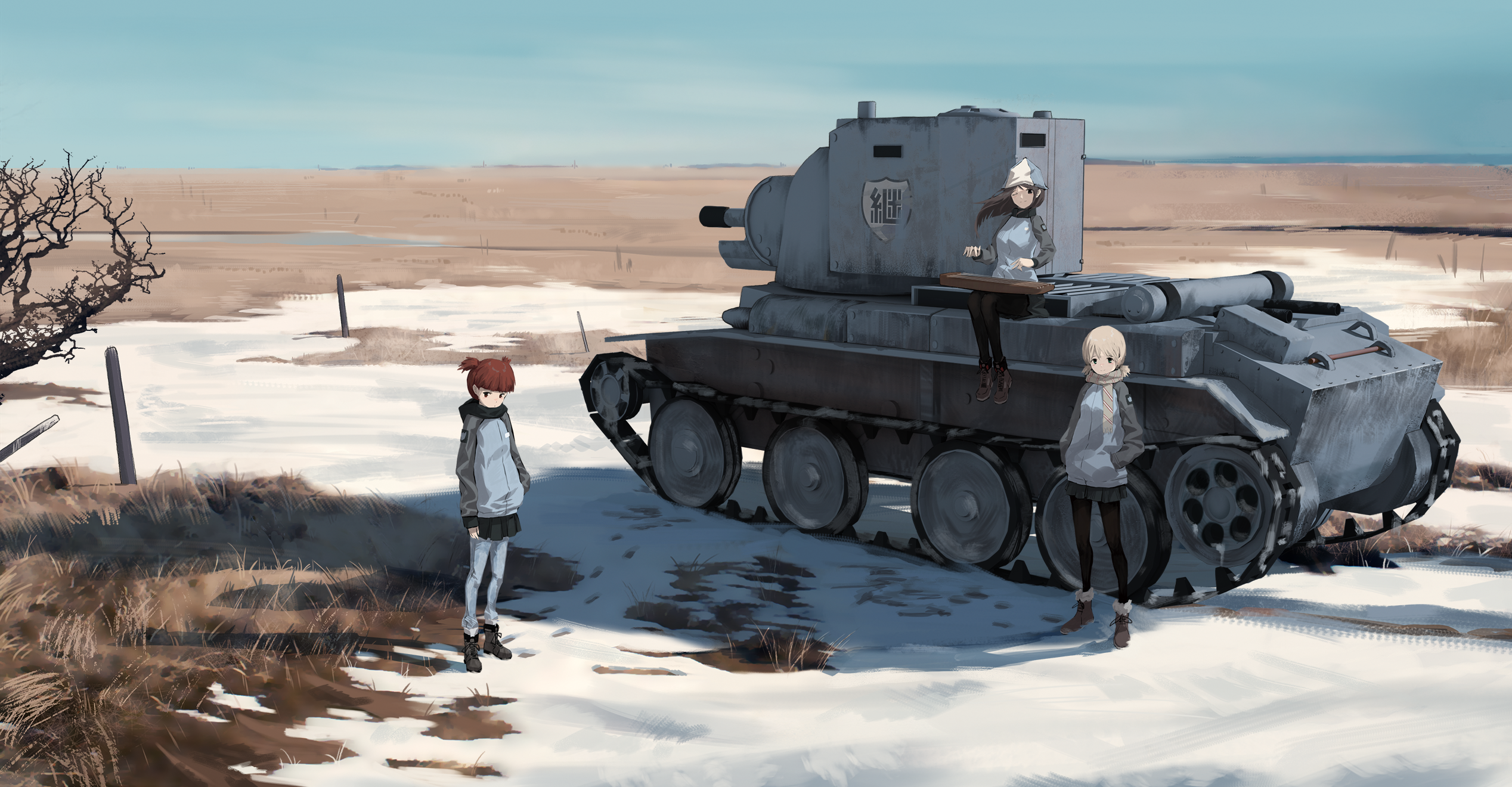 Mika Girls Und Panzer Snow Girls Und Panzer Anime Girls Tank Standing Clouds Hands In Pockets Scarf  2536x1320